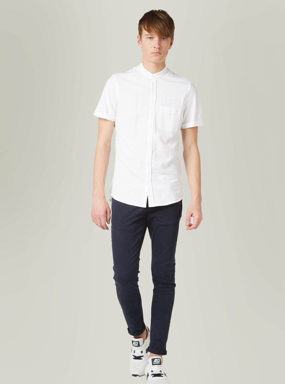 Camicia di piquet con collo coreano, WHITE