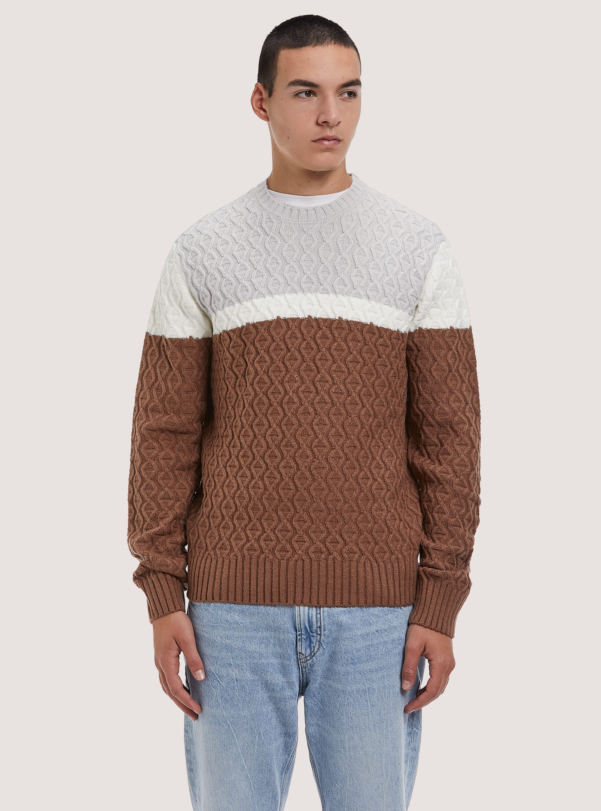 Pullover color block con texture, TB1 TOBACCO DARK