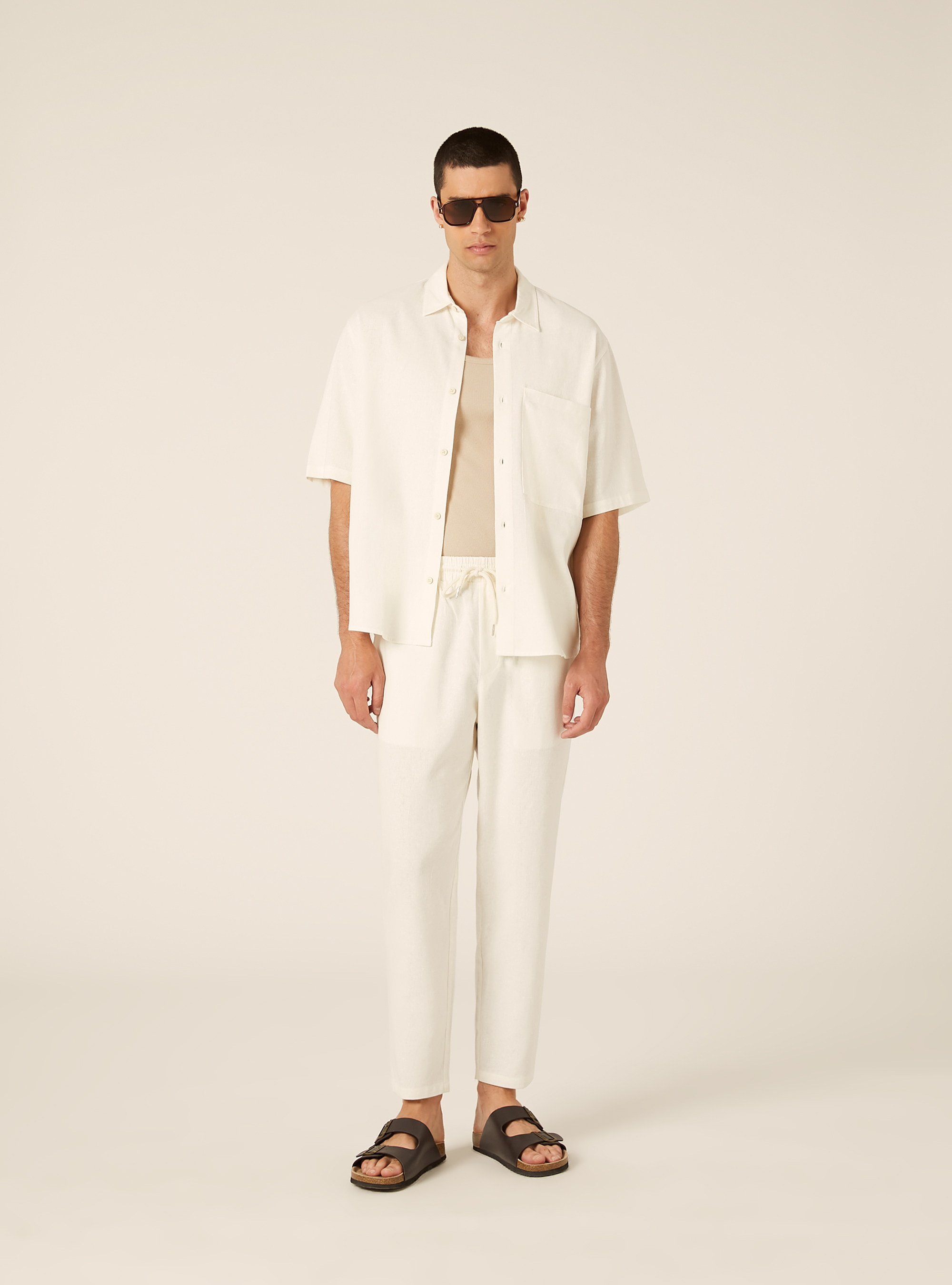 Pantalaccio in misto lino  con coulisse in vita, WH2 WHITE
