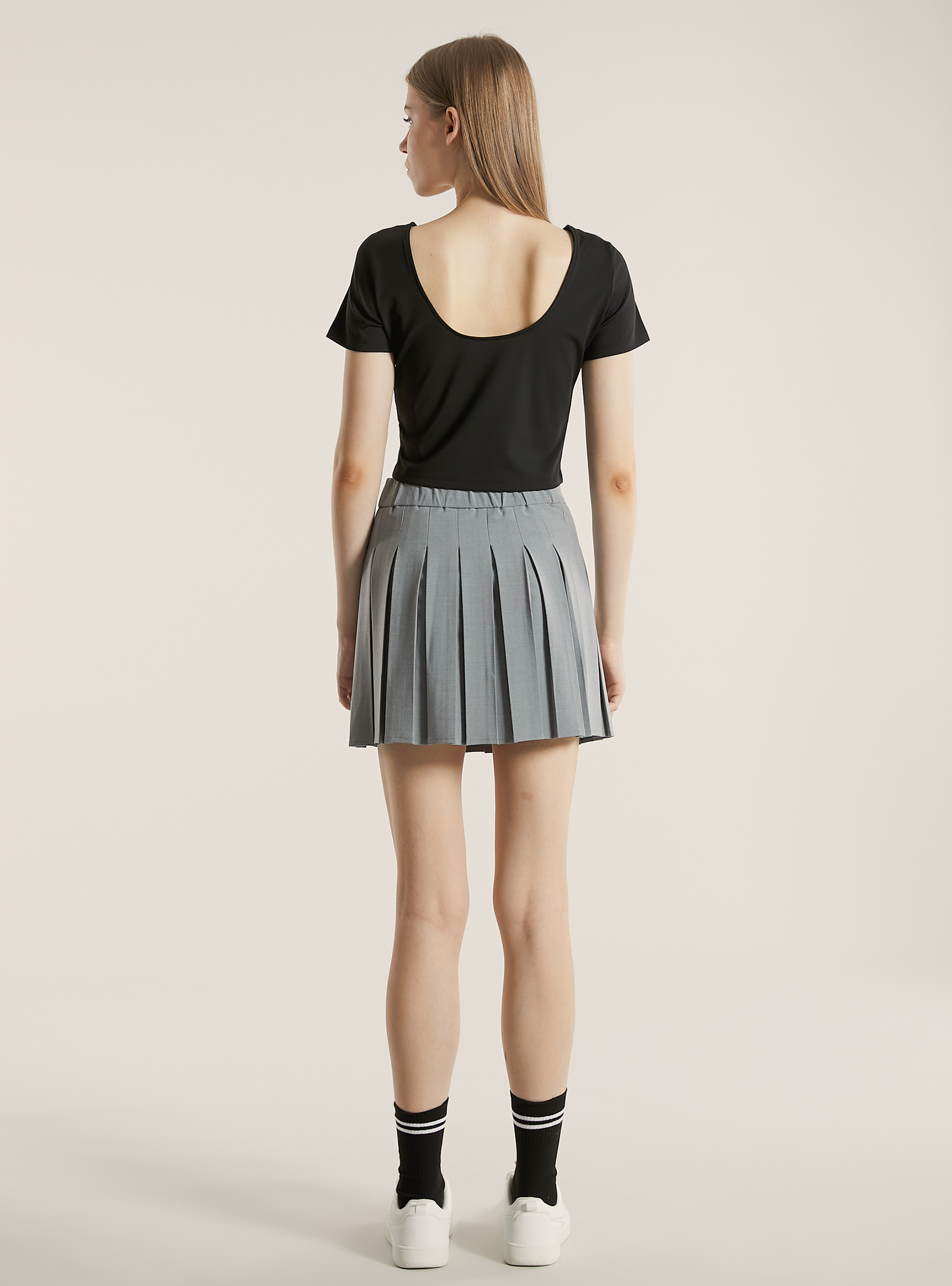 Gonna mini a pieghe tinta unita, GY2 GREY MEDIUM