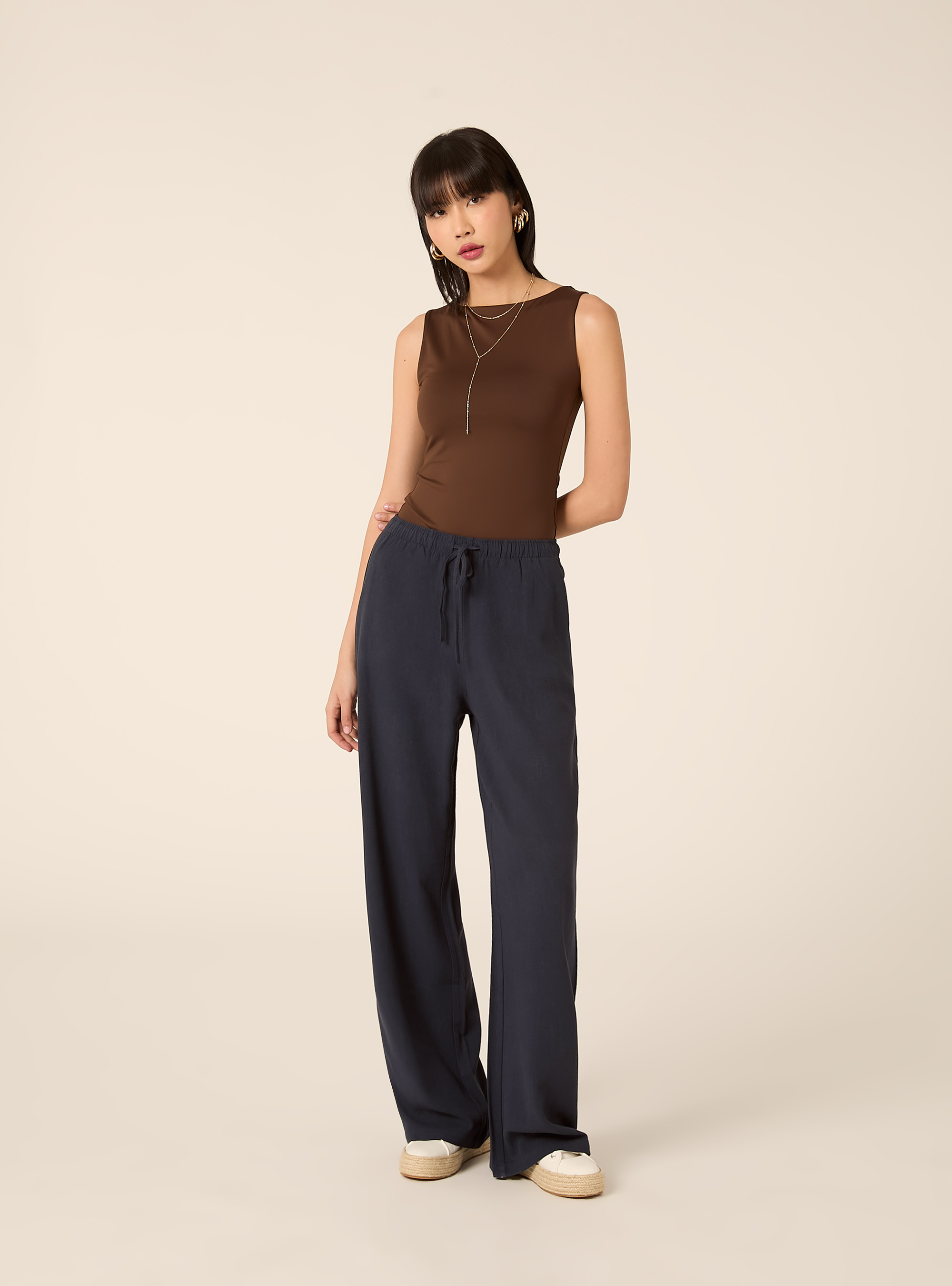 Pantaloni wide leg in misto lino, NA2 NAVY MEDIUM