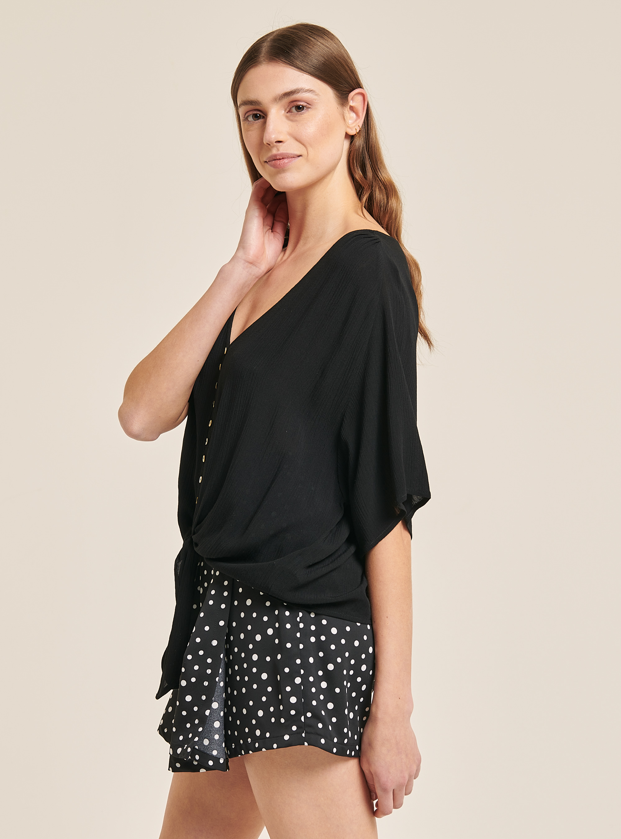 Chemisier col v couleur unie, C101 BLACK