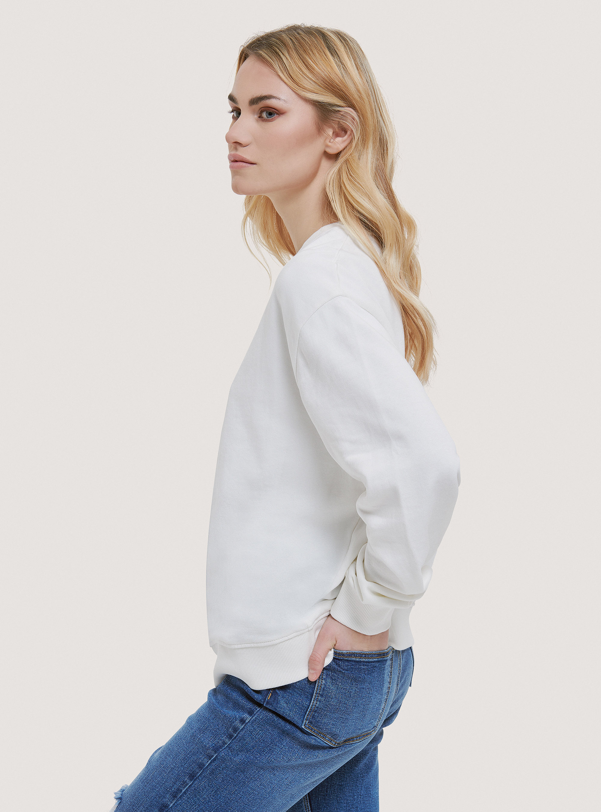 Basic round-neck cotton sweatshirt, C0020 OFF WHITE