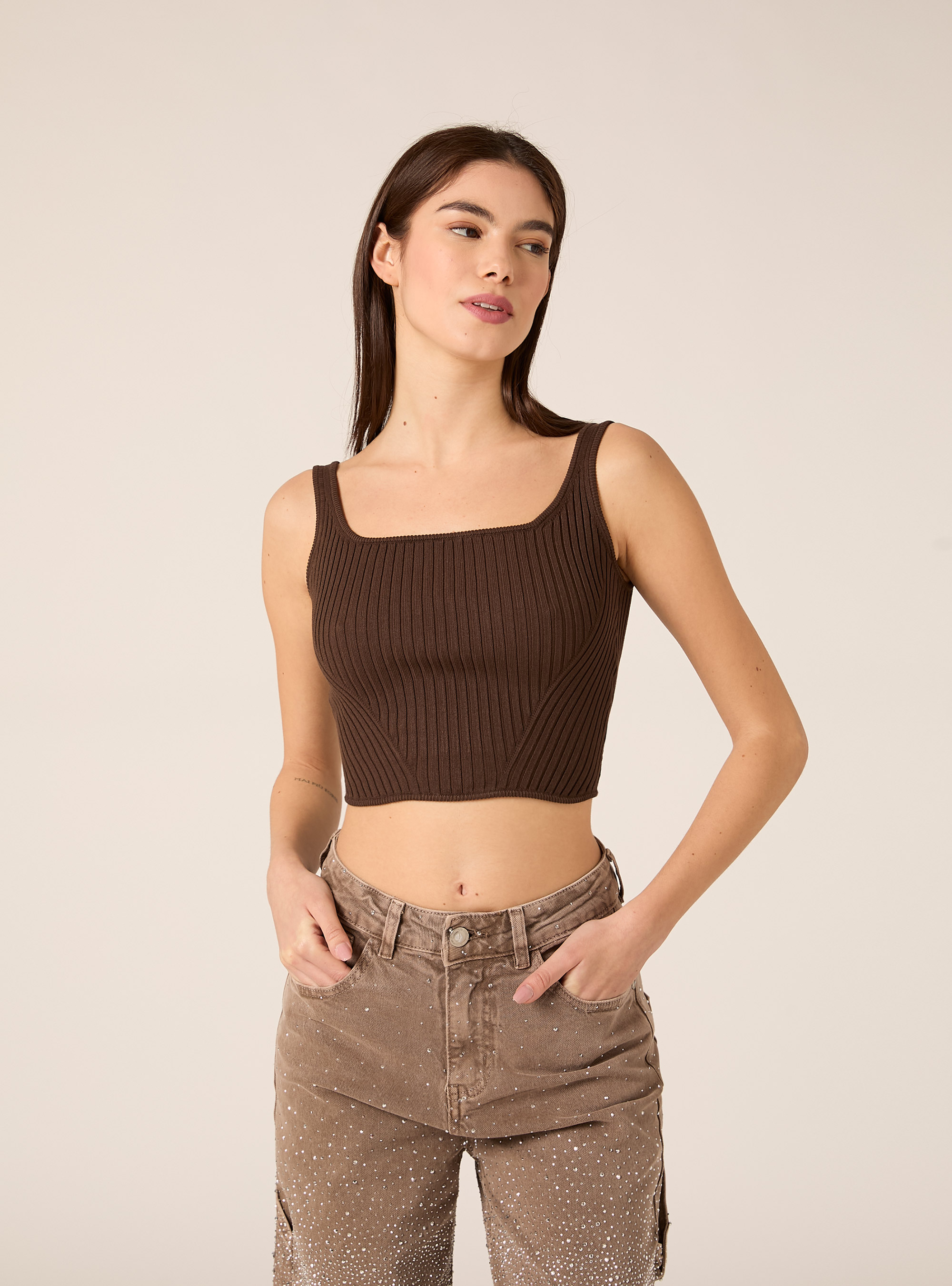 Top canotta in maglia, BR2 BROWN MEDIUM