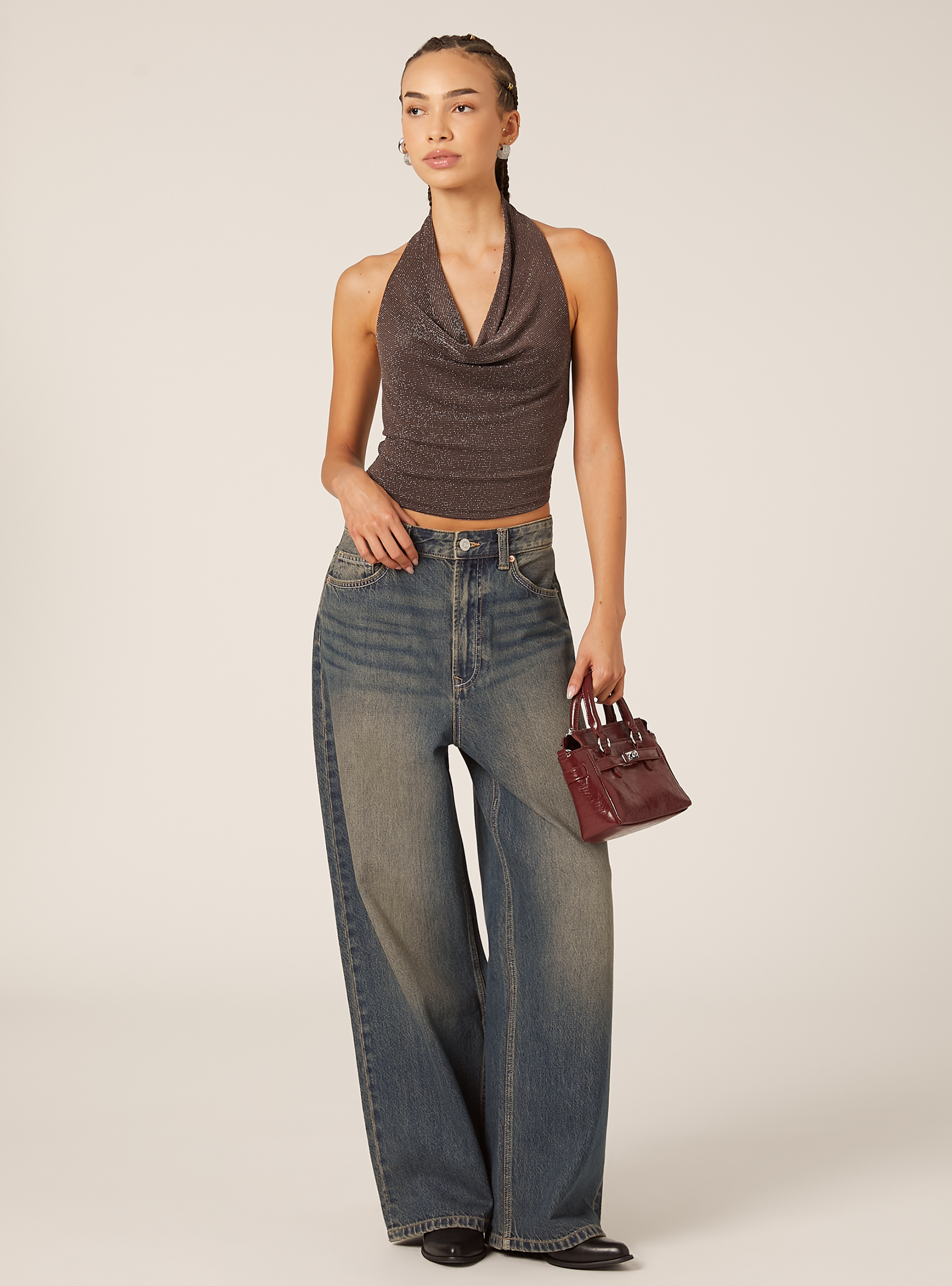 Halter top with rhinestones, BR2 BROWN MEDIUM