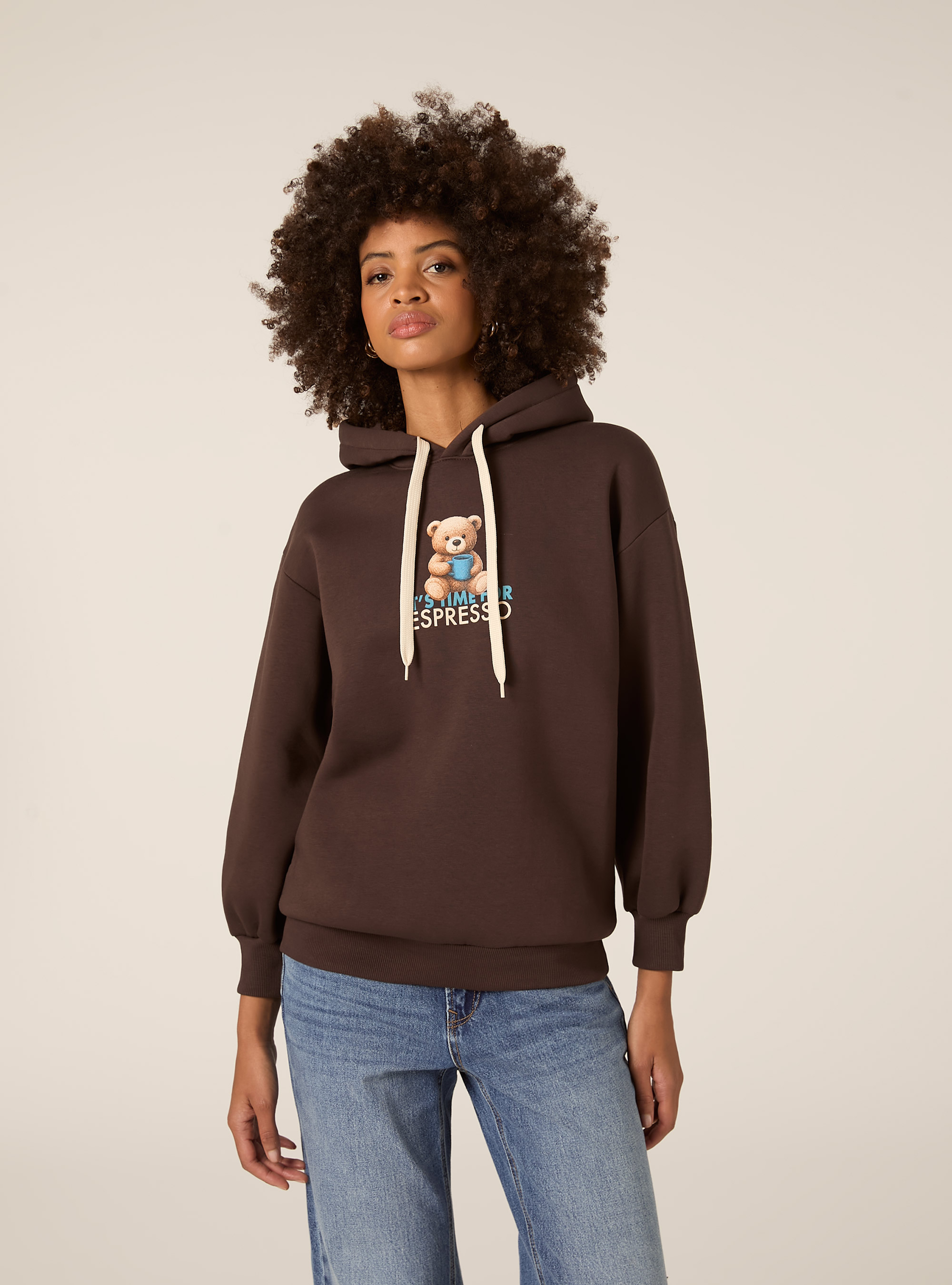 Felpa con cappuccio stampata, BR1 BROWN DARK