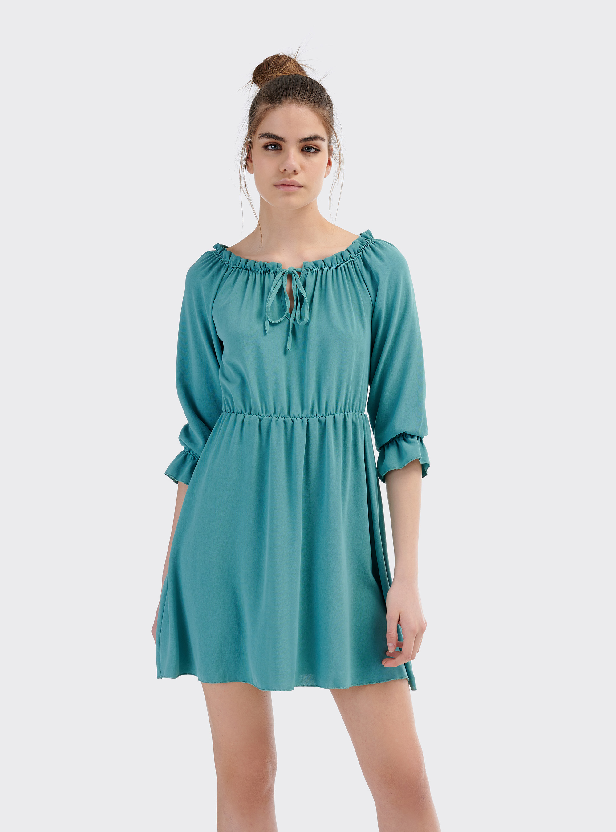 Vestito scollo bardot con elastico in vita, GREEN