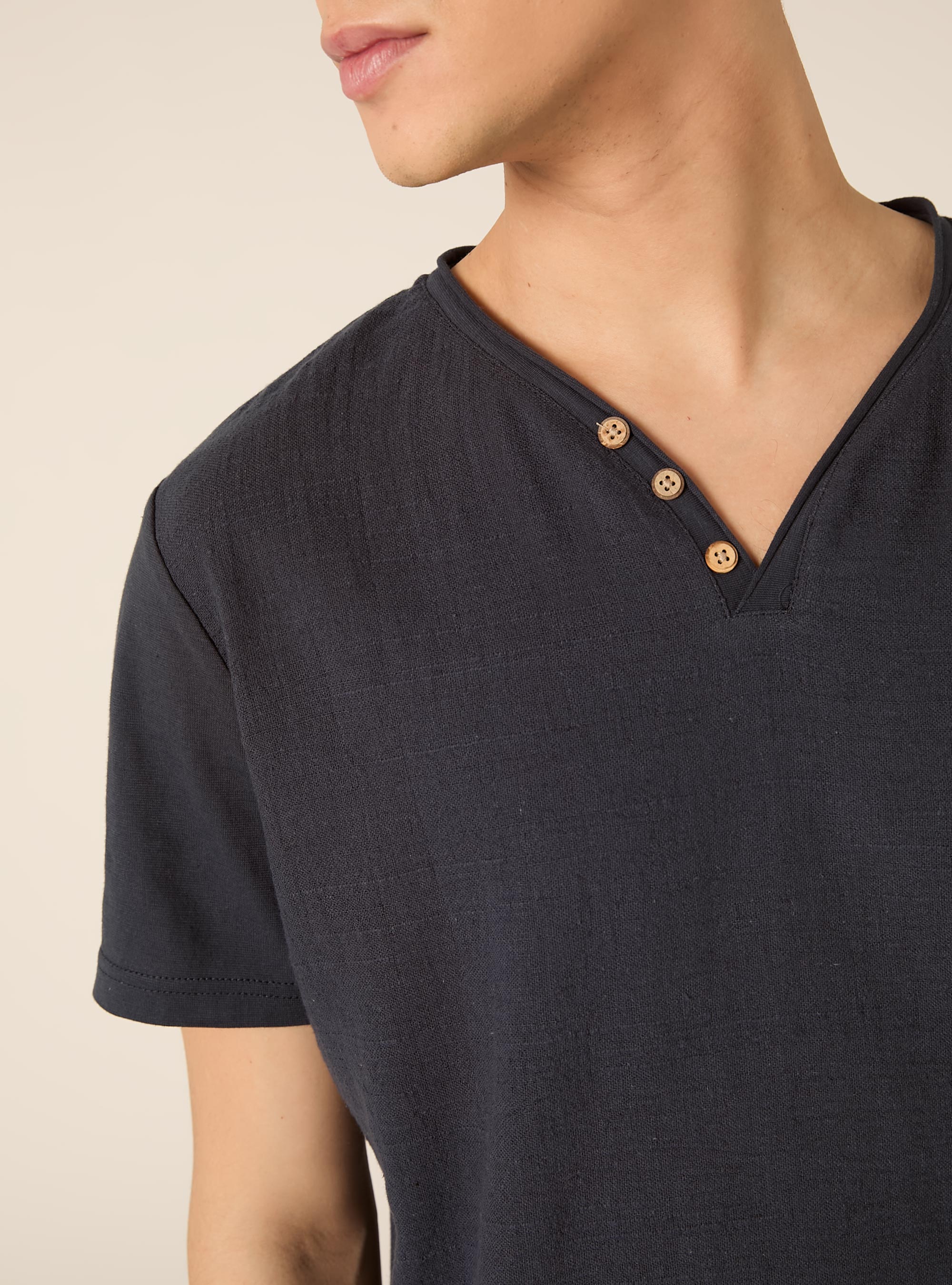 V-neck linen blend T-shirt, NA2 NAVY MEDIUM