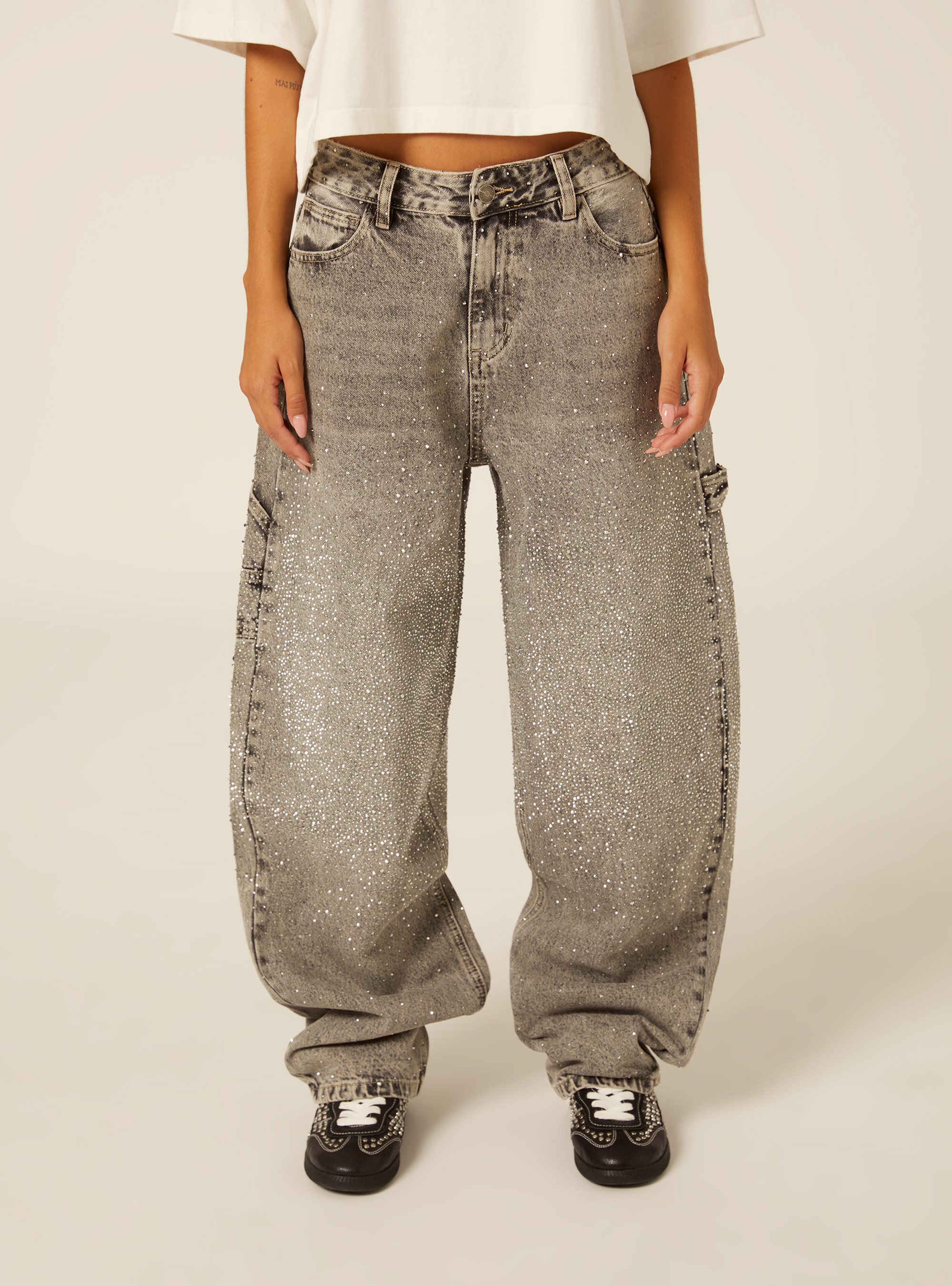 Jeans baggy carpenter con strass, D00G GREY