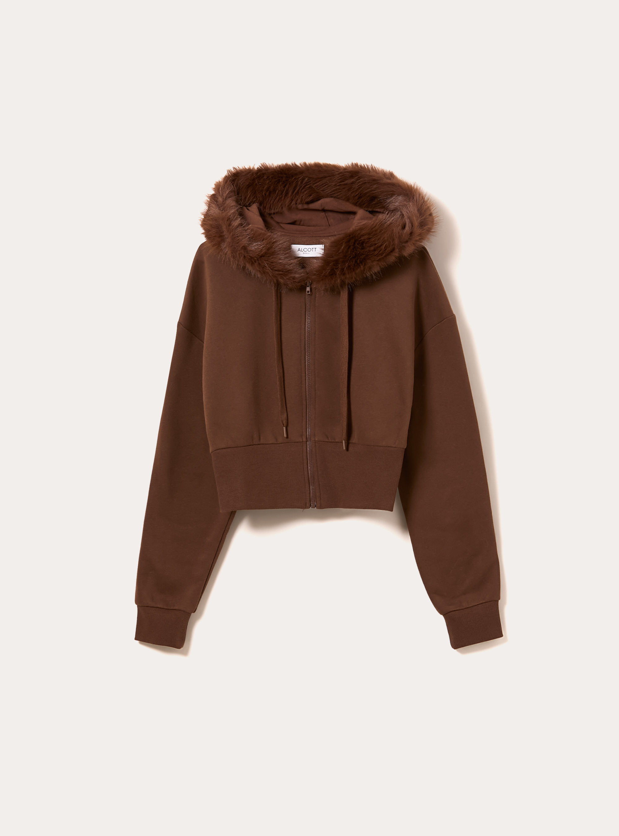 Sudadera corta con capucha de piel, BR2 BROWN MEDIUM
