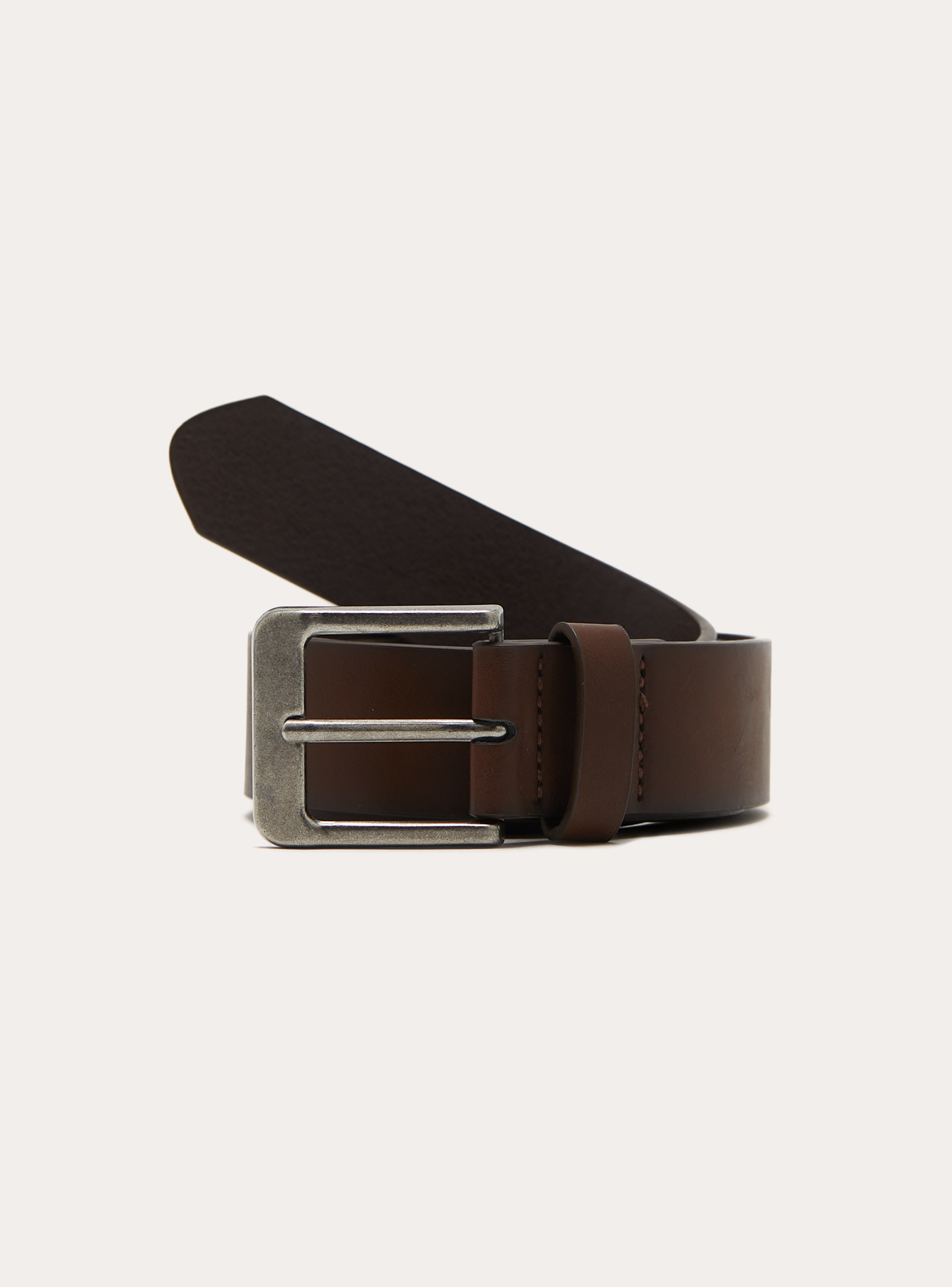 Cinturon de piel con hebilla cuadrada de efecto satinado, BR1 BROWN DARK