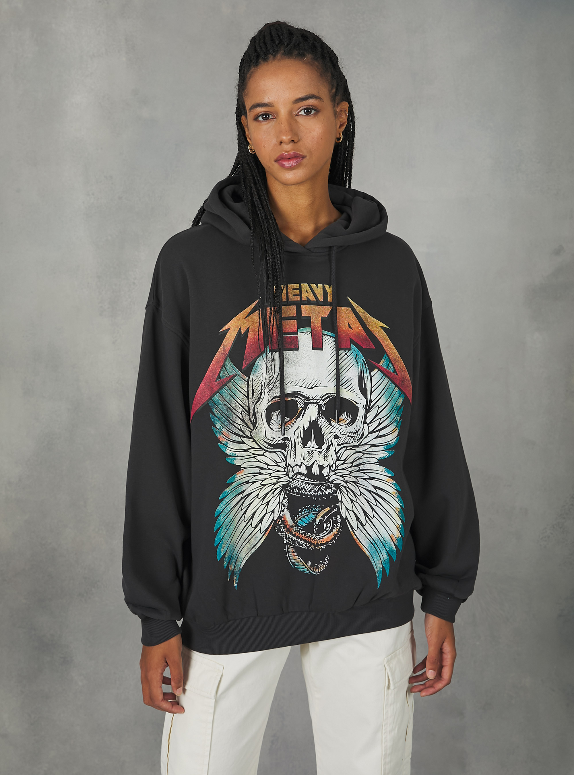 Sudadera oversize con estampado Rock, BK3 BLACK CHARCOAL