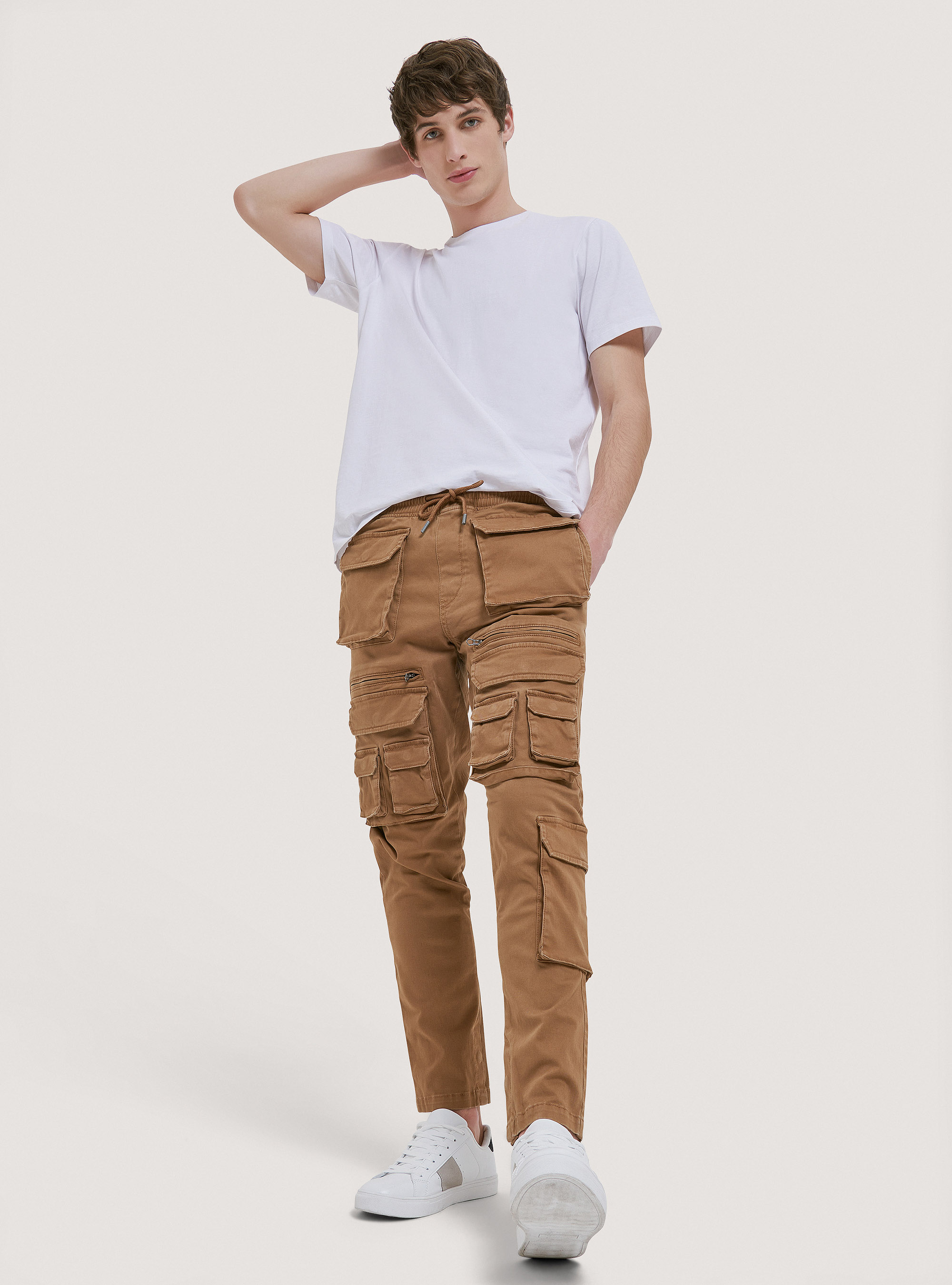 Pantalones con cordón en sarga elástica, C5603 TOBACCO