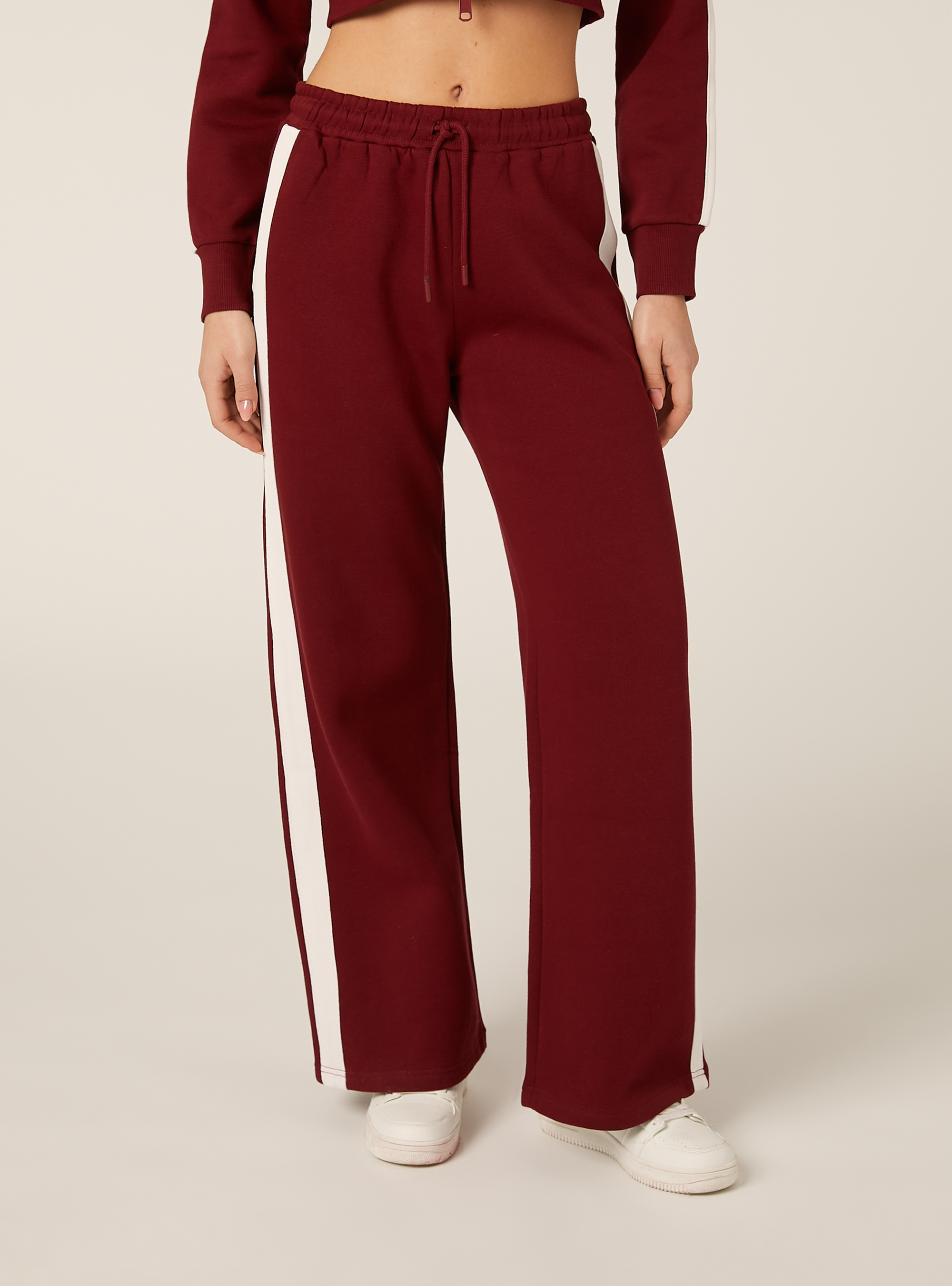 Pantaloni wide leg con bande laterali, BO1 BORDEAUX DARK