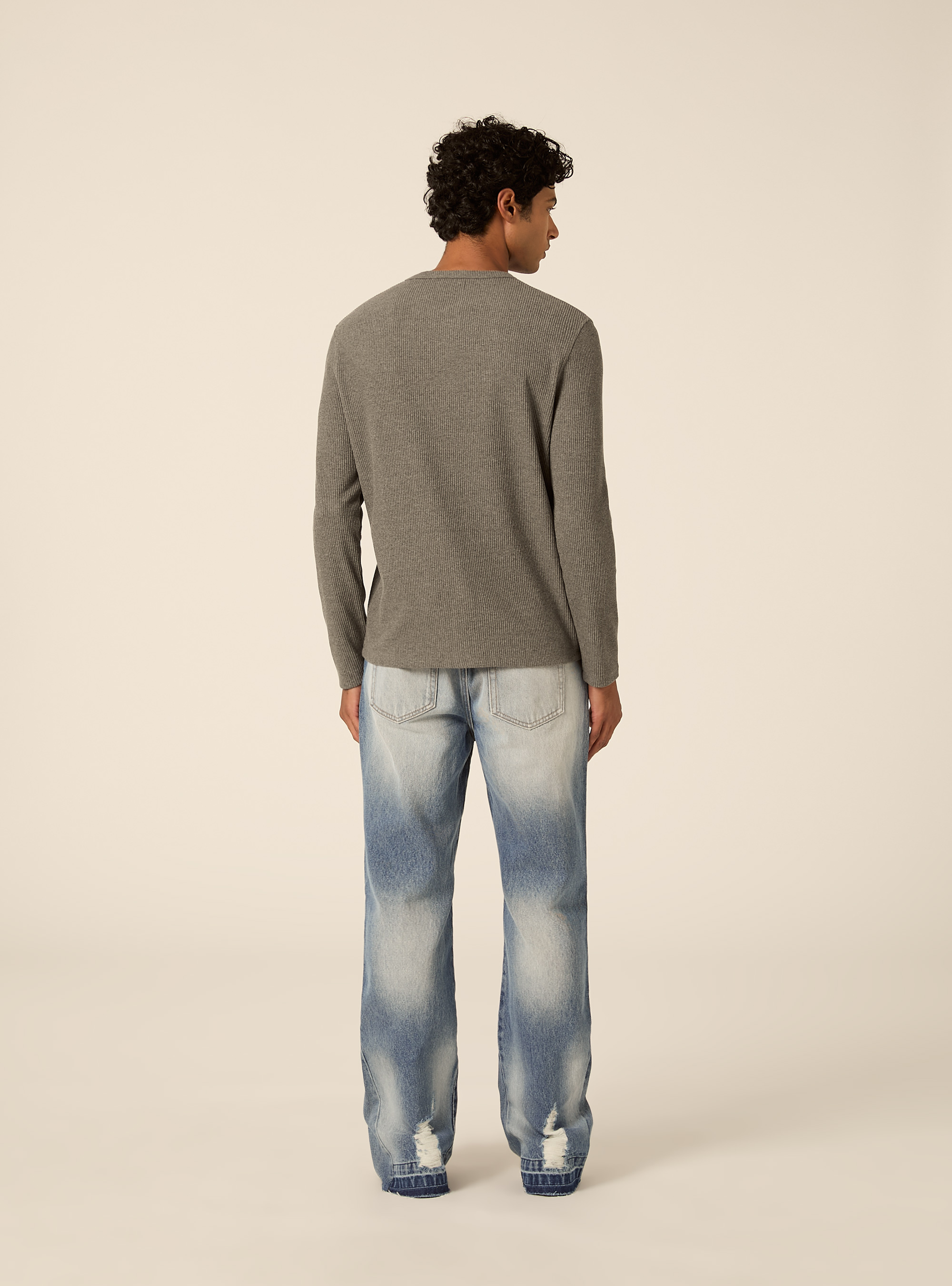 T-shirt henley a coste con  manica lunga, MGY1 GREY MEL DARK