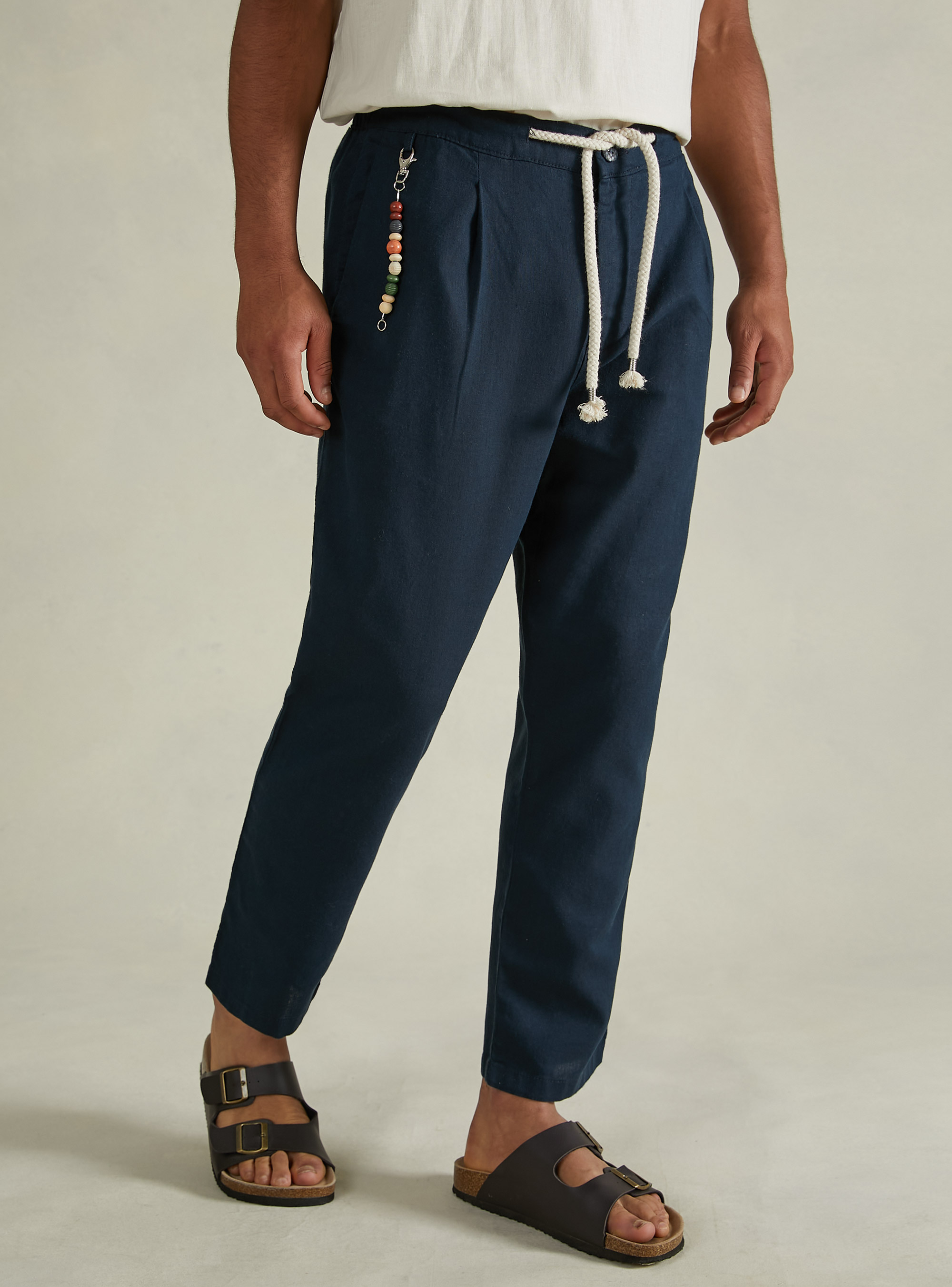 Linen-blend trousers with drawstring waist, NA2 NAVY MEDIUM