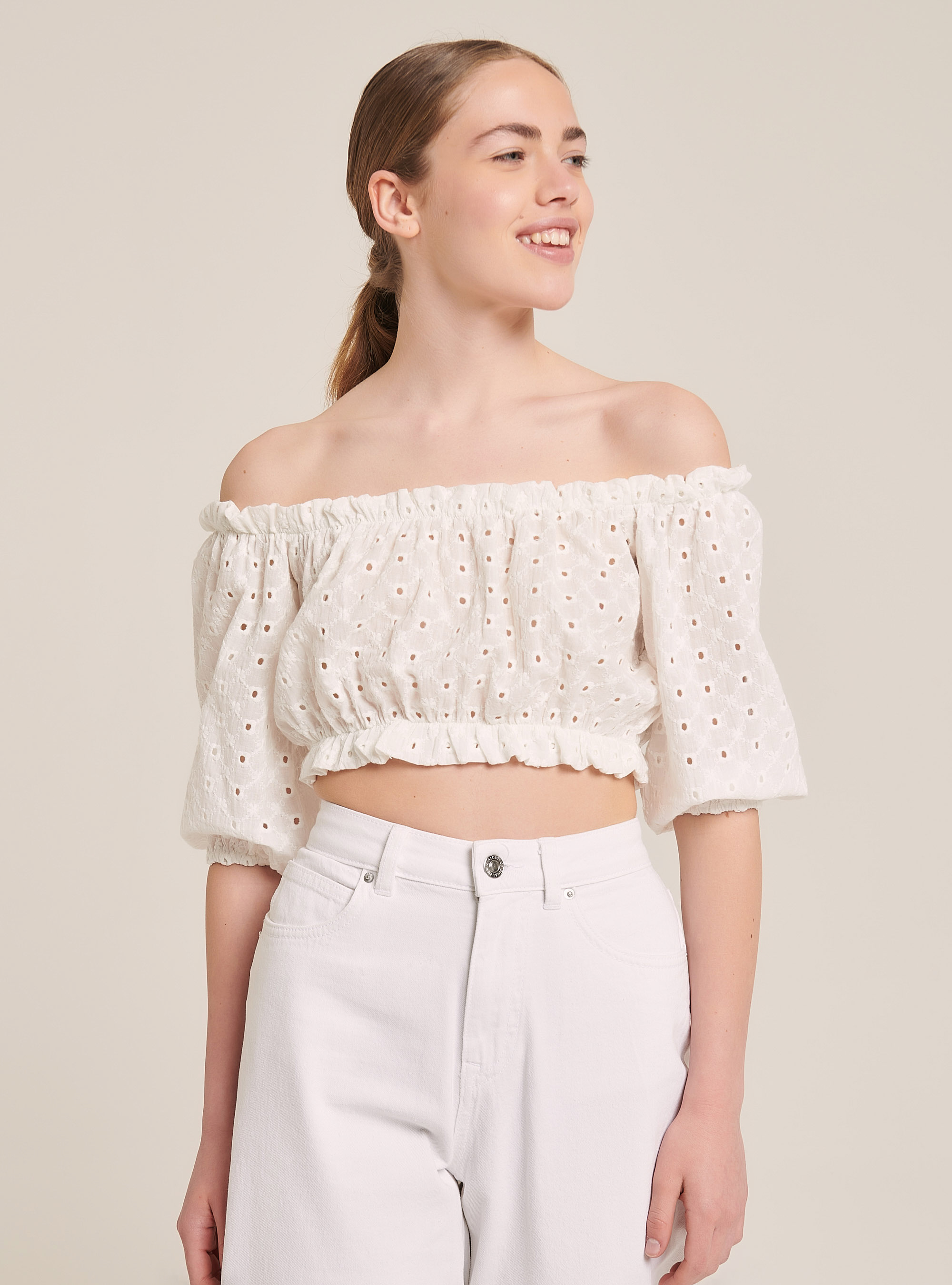 Blusa con scollo a barca in crochet, BIANCO