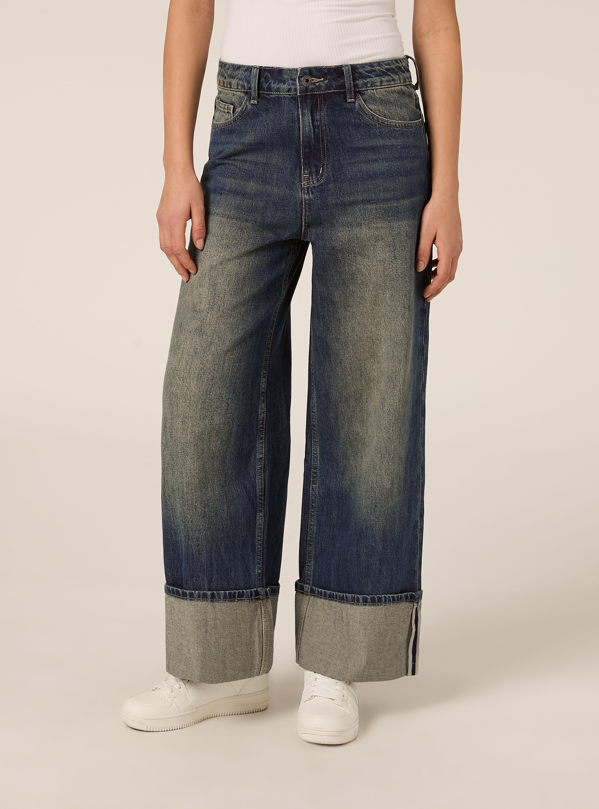 Jeans straight wide con piegone al fondo, D003 MEDIUM BLUE