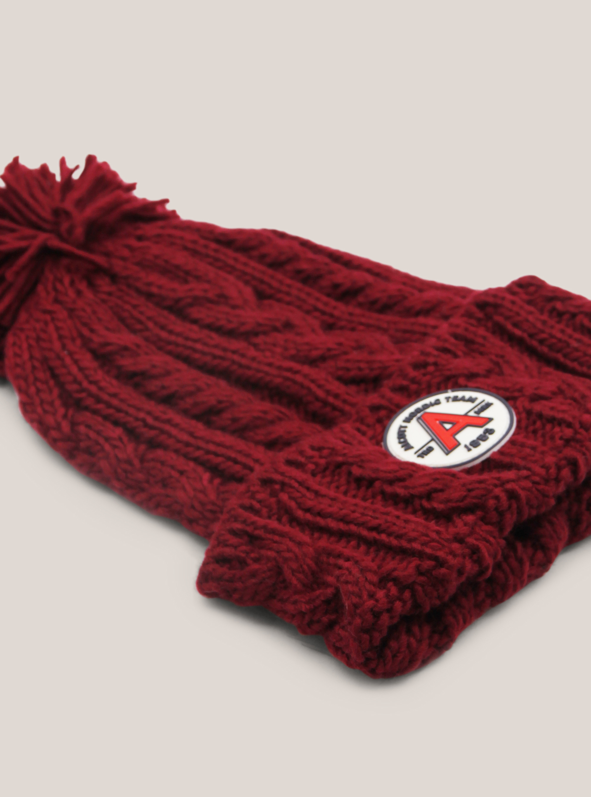 HAT WITH PON PON AND PATCH, BORDEAUX