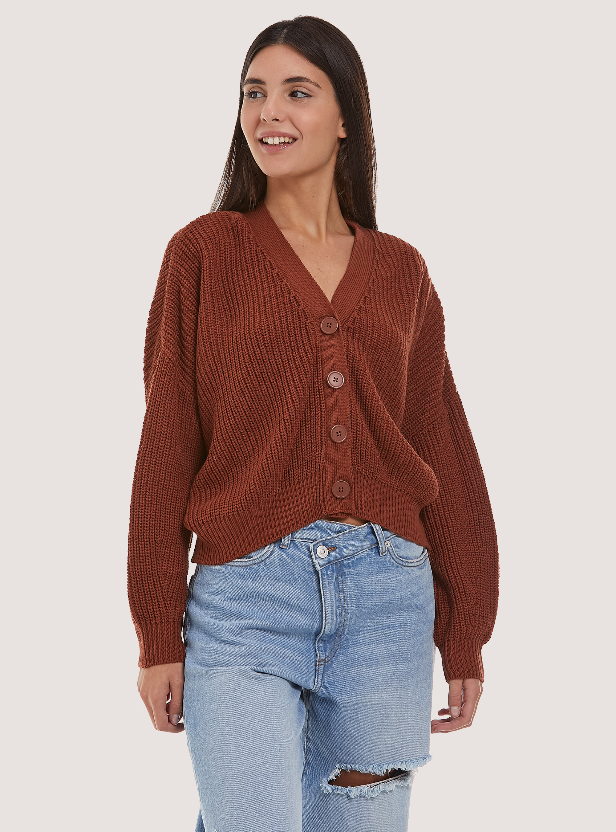 Pullover cardigan cropped, C5609 BROWN