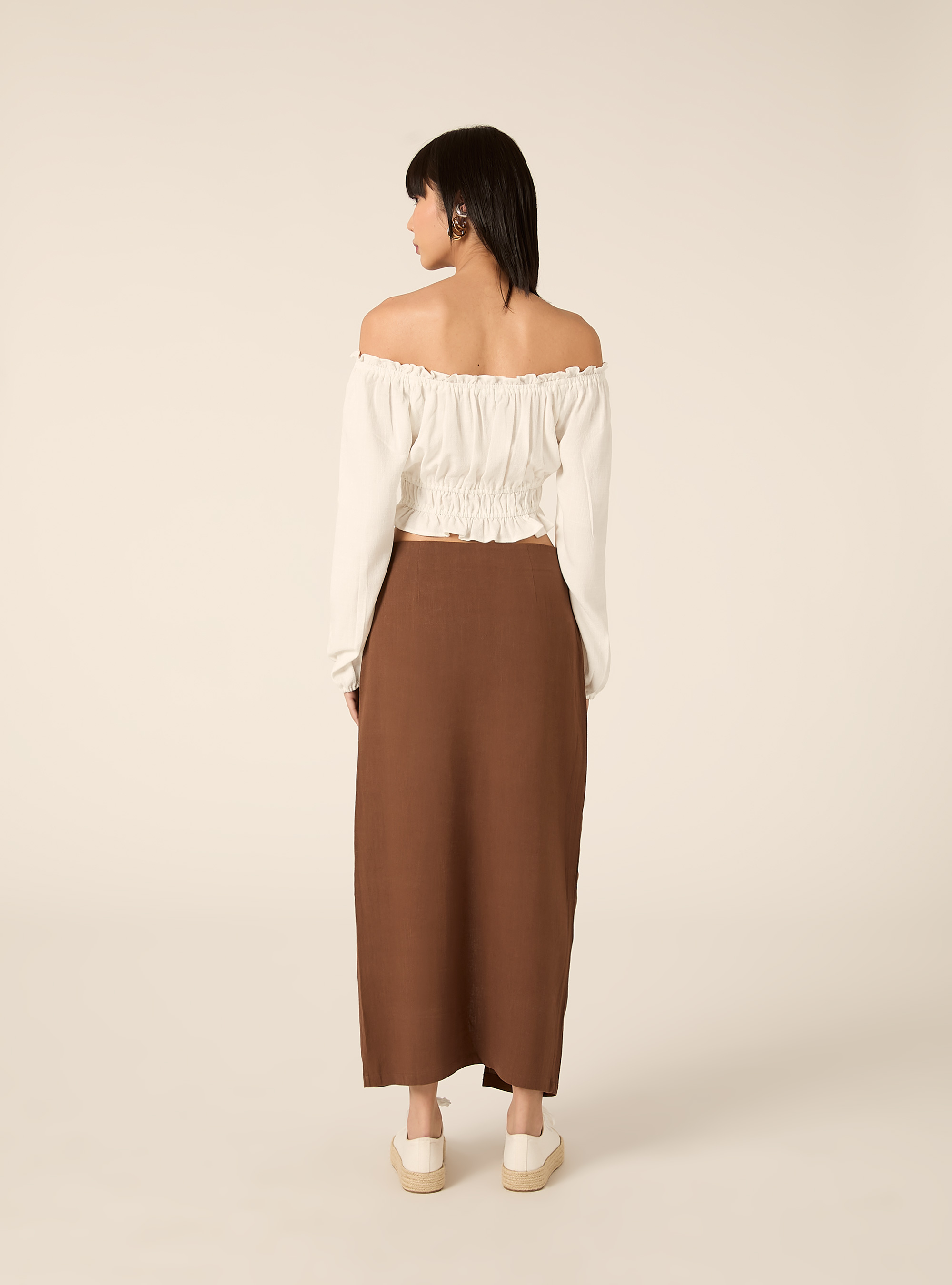 Gonna midi asimmetrica in misto lino, BR2 BROWN MEDIUM