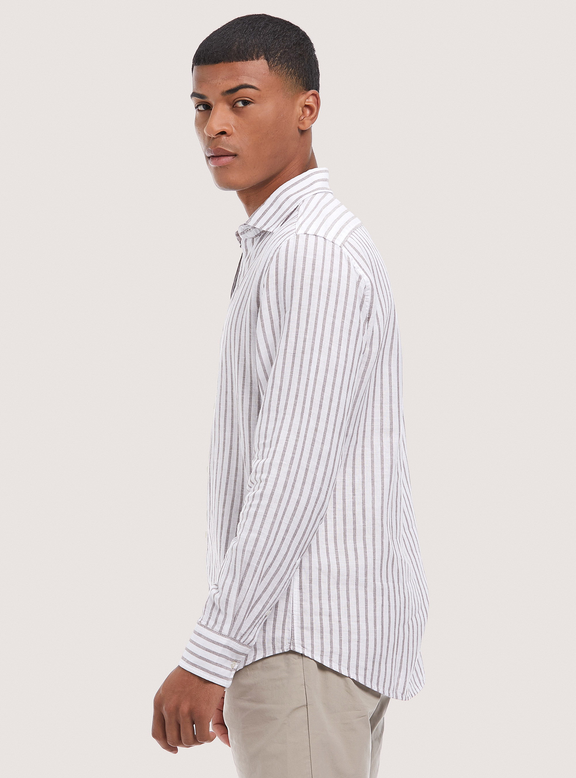 Camicia a righe in misto lino, MULTICOLORE