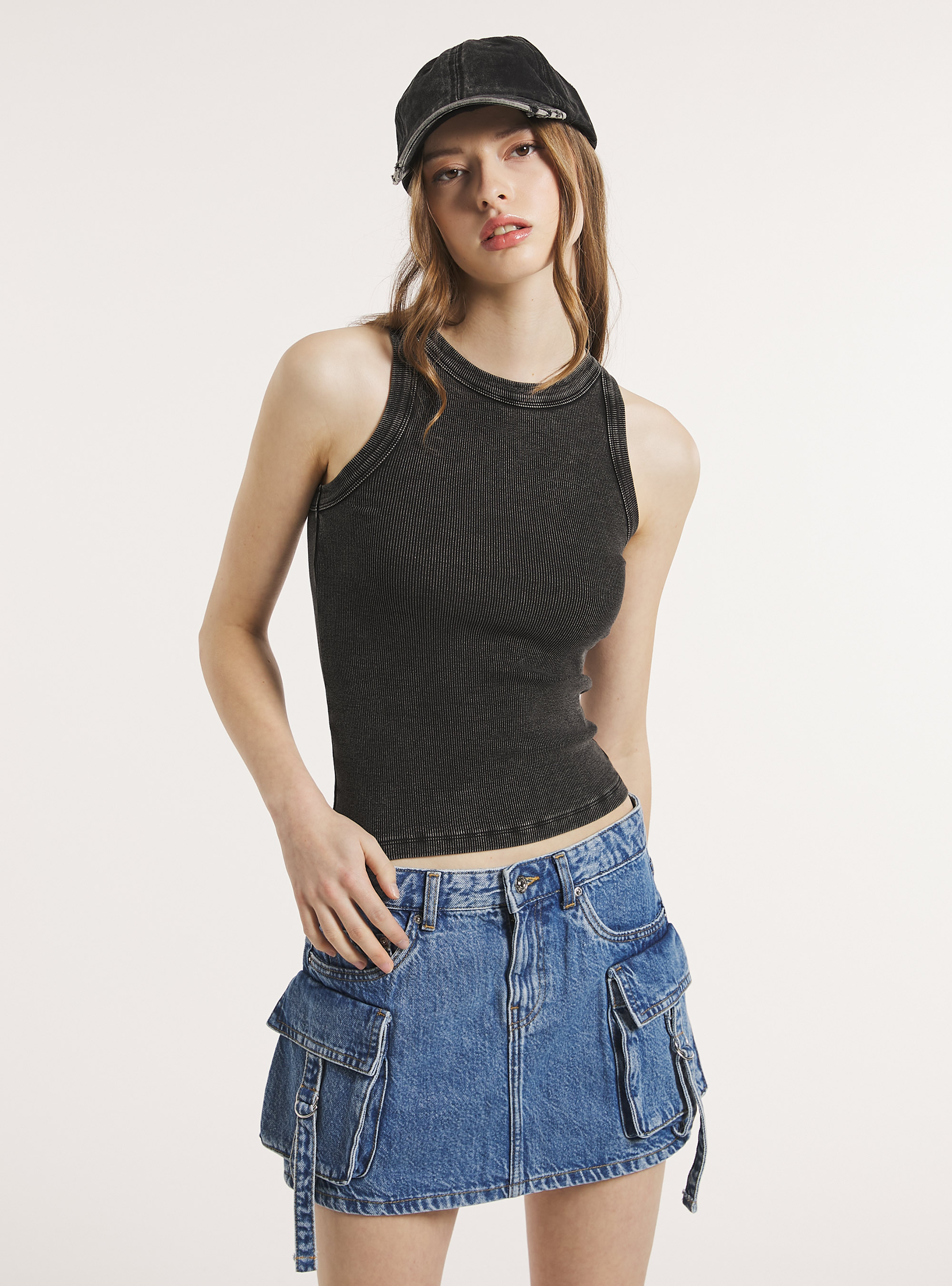 D&eacute;bardeur &agrave; cotes d&eacute;lav&eacute;es, BK1 BLACK