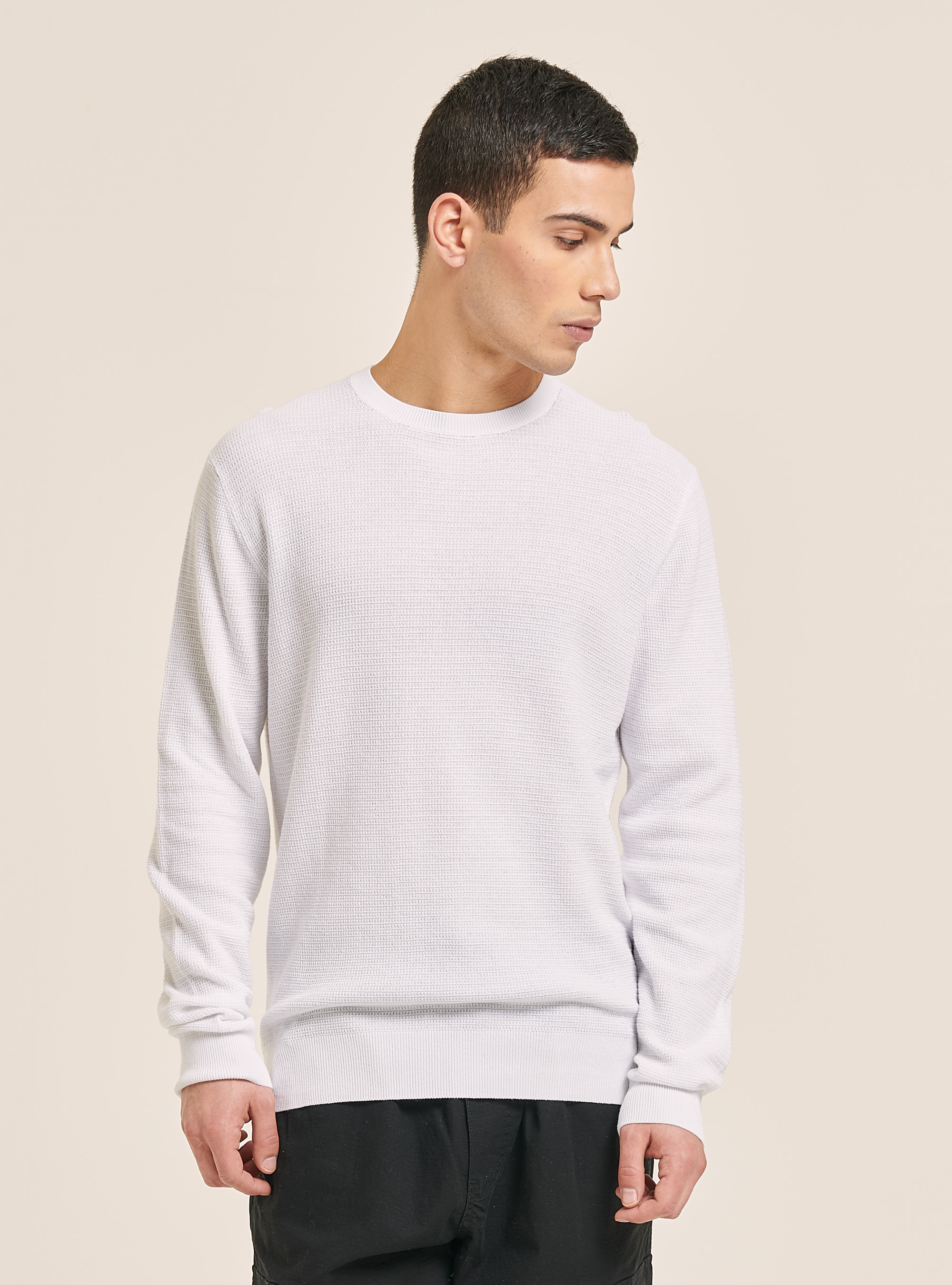Textured cotton crew neck pullover, WH1 OFF WHITE