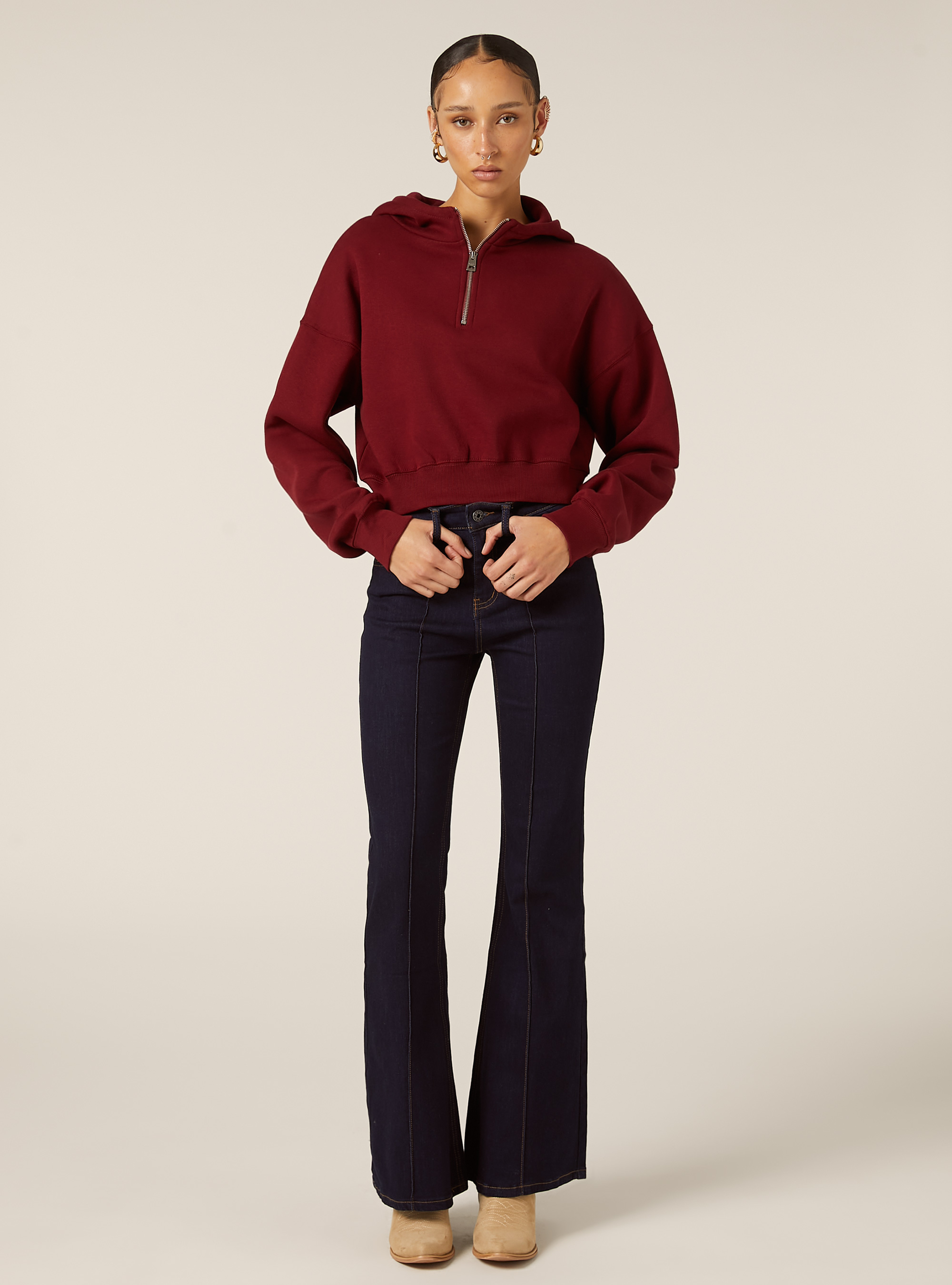 Boxy fit sweatshirt with half zip, BO1 BORDEAUX DARK