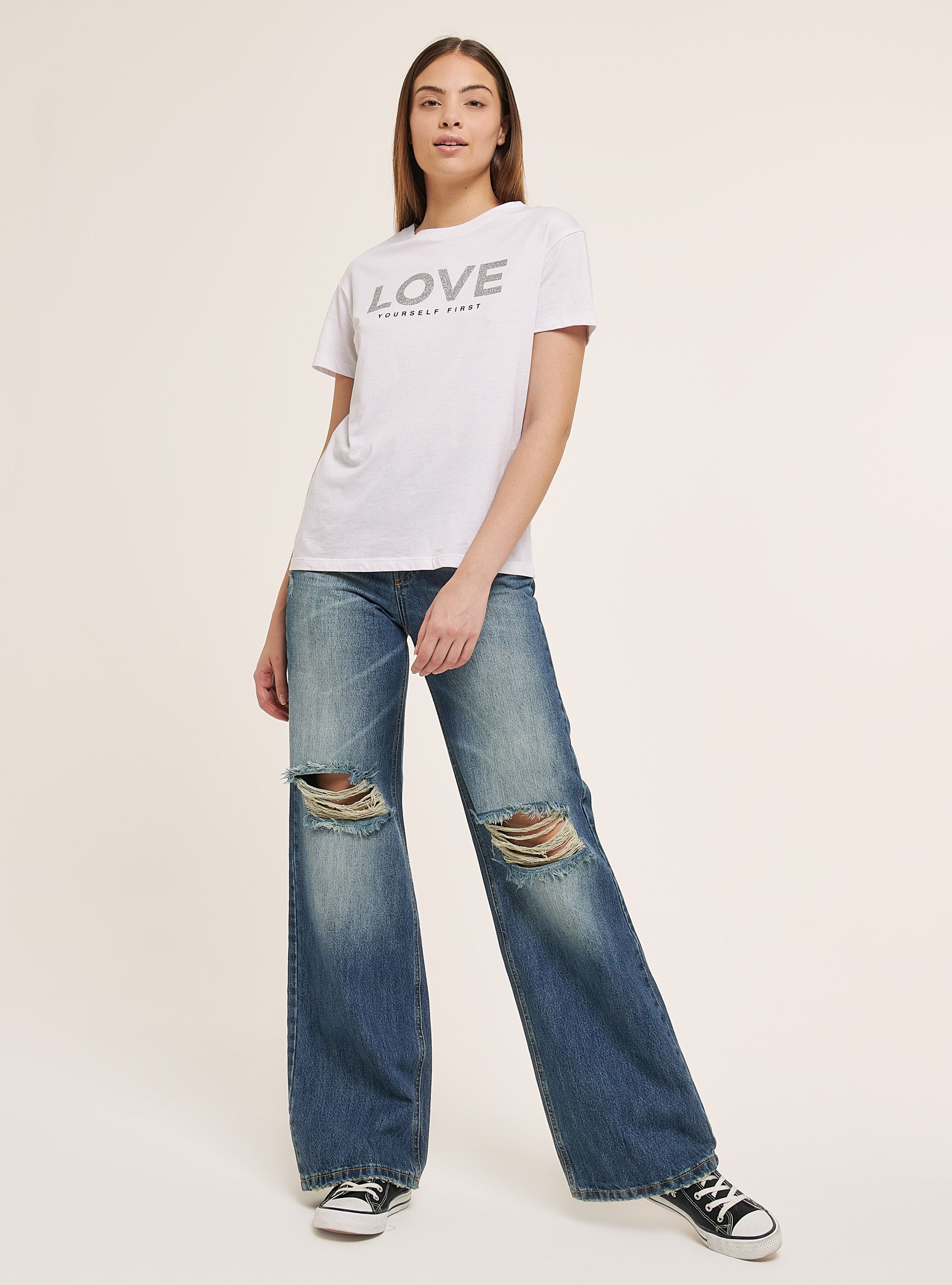 Cotton T-shirt with glitter print, WHITE