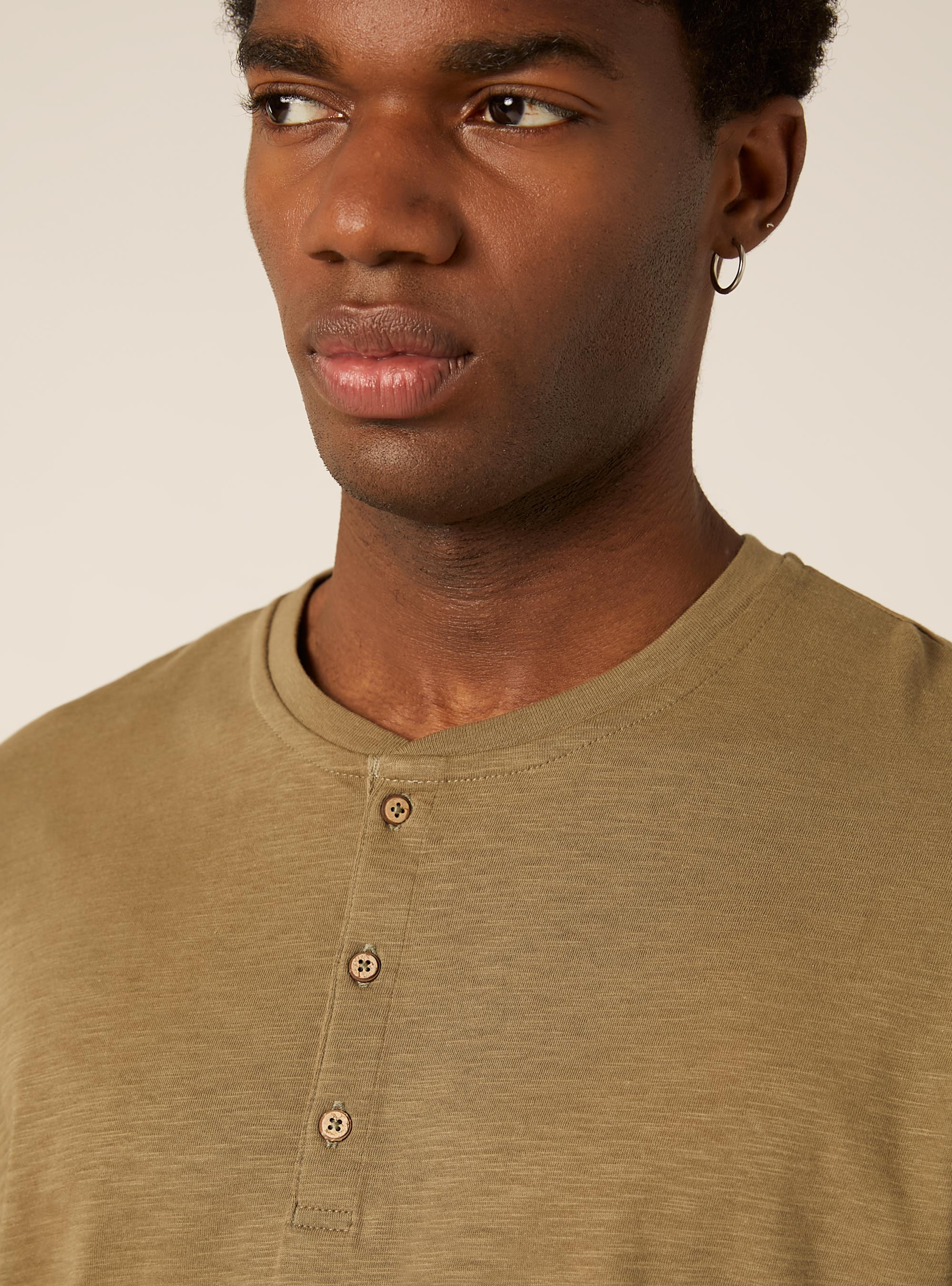Cotton Henley T-Shirt, KY2 KAKY MEDIUM