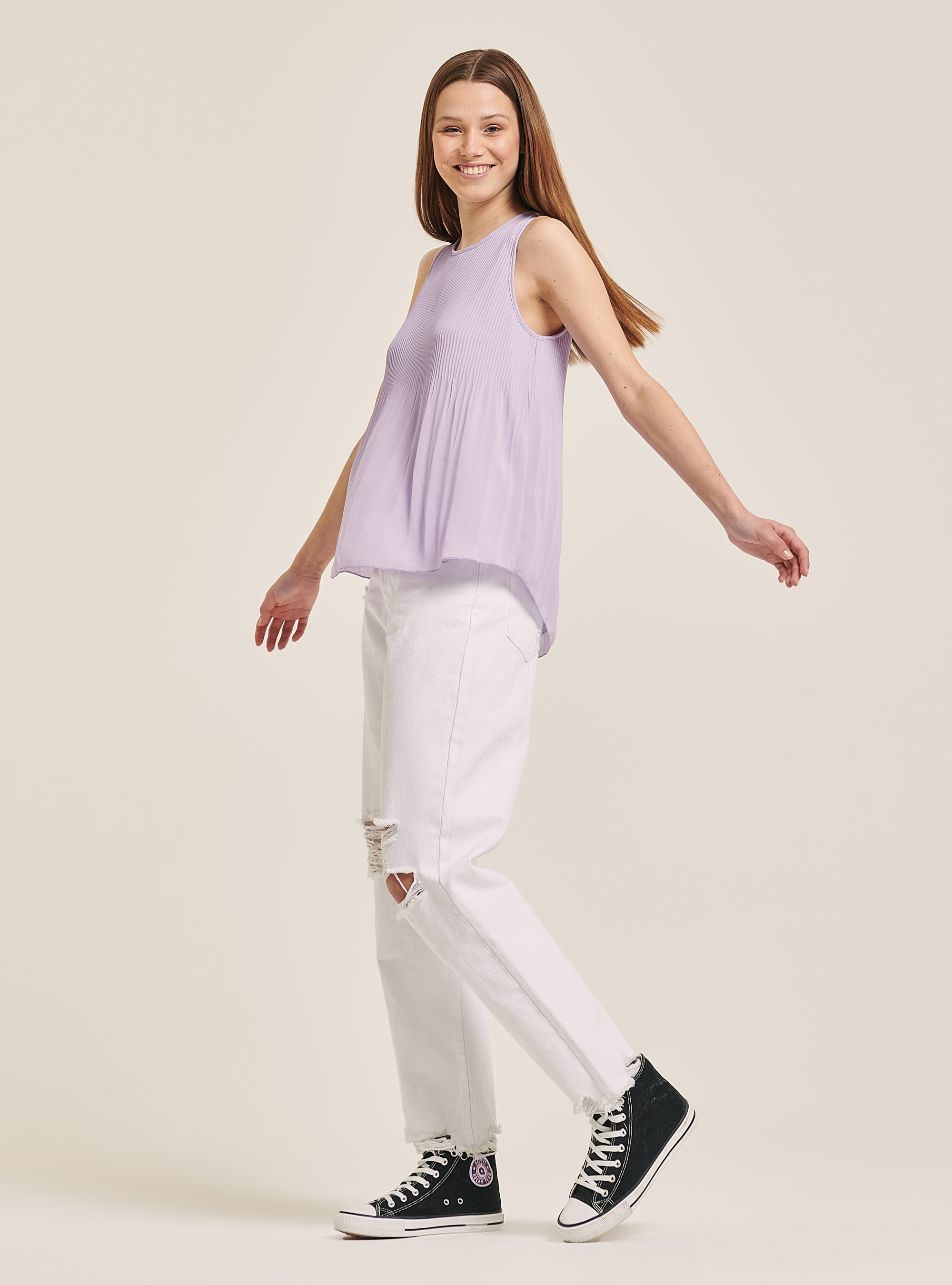 Blusa plissettata in tinta unita, C3303 LILLAC