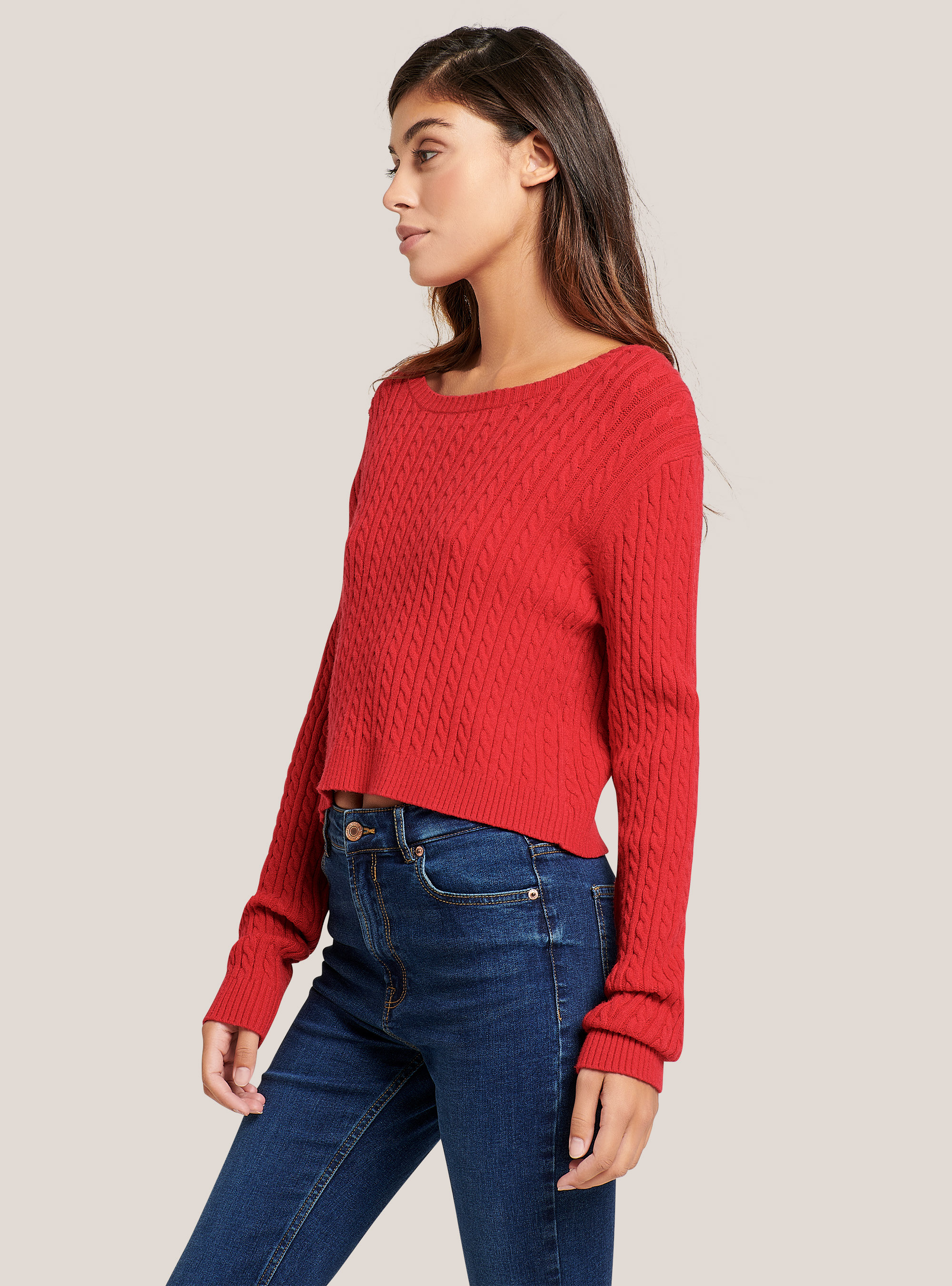 Suéter recortado con trenzas de tacto suave, ROJO