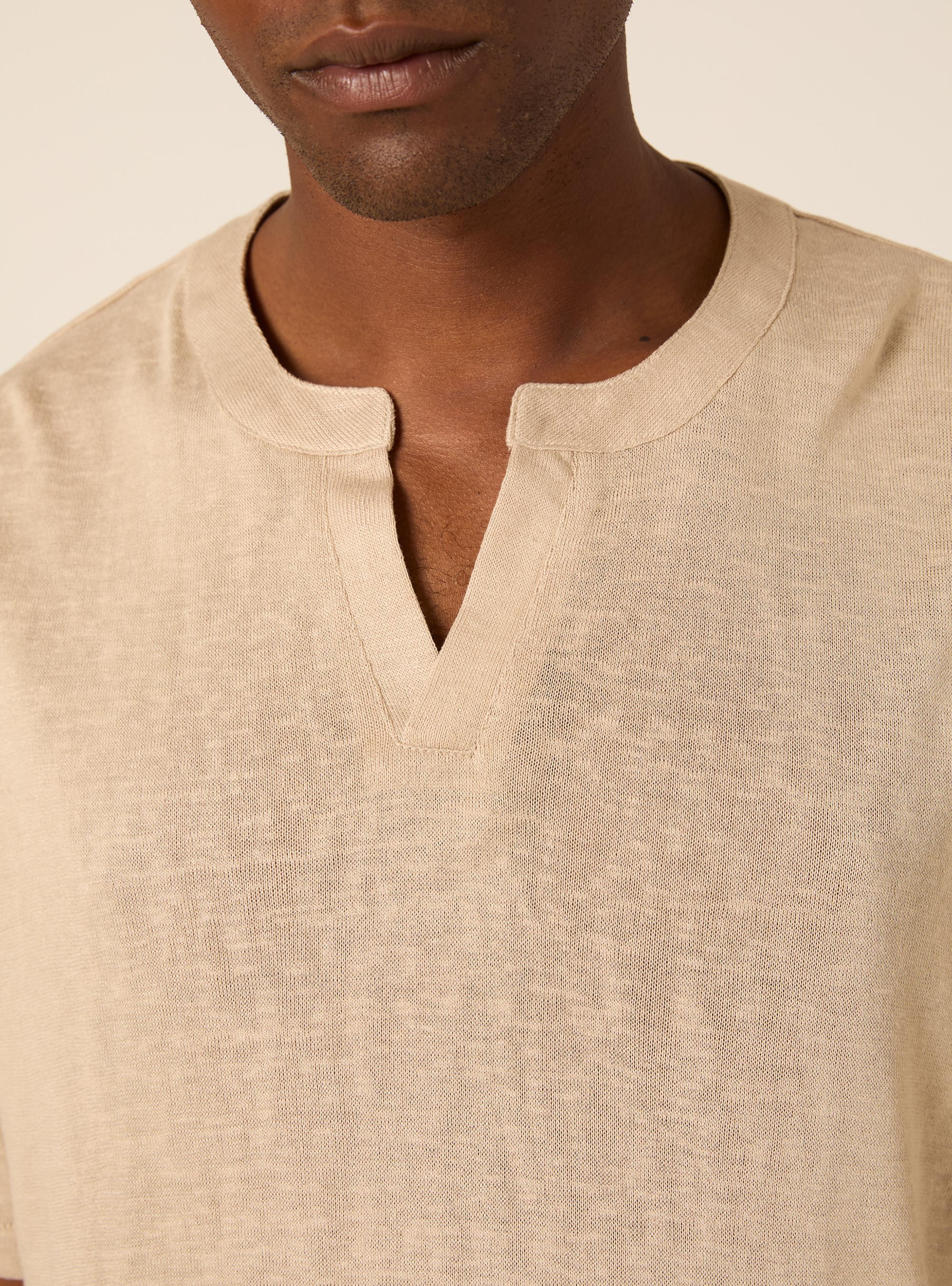 Maglietta serafino effetto lino, BG2 BEIGE MEDIUM