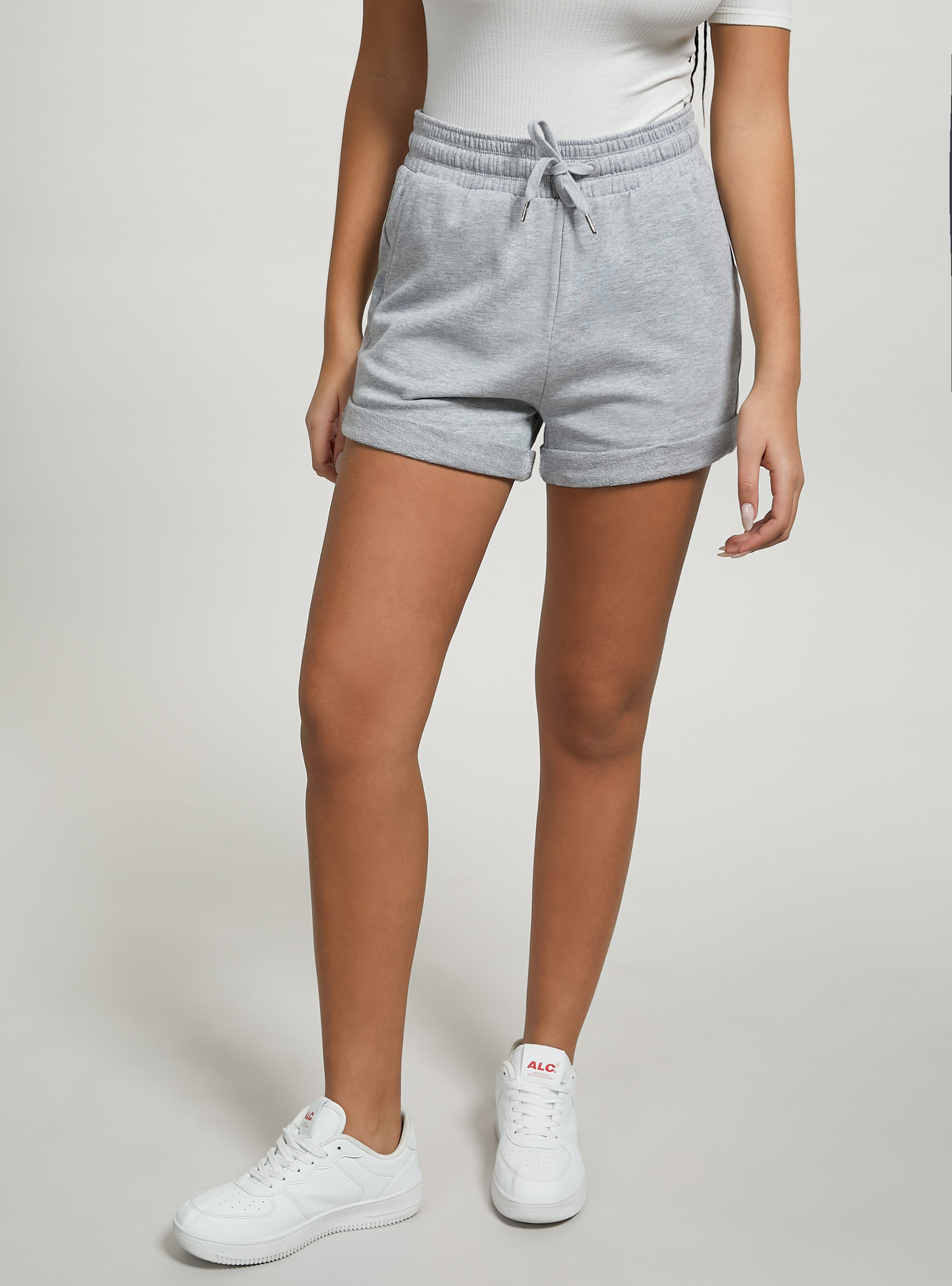 Cotton shorts with turn-ups and drawstrings, LIGHT GREY MELANGE