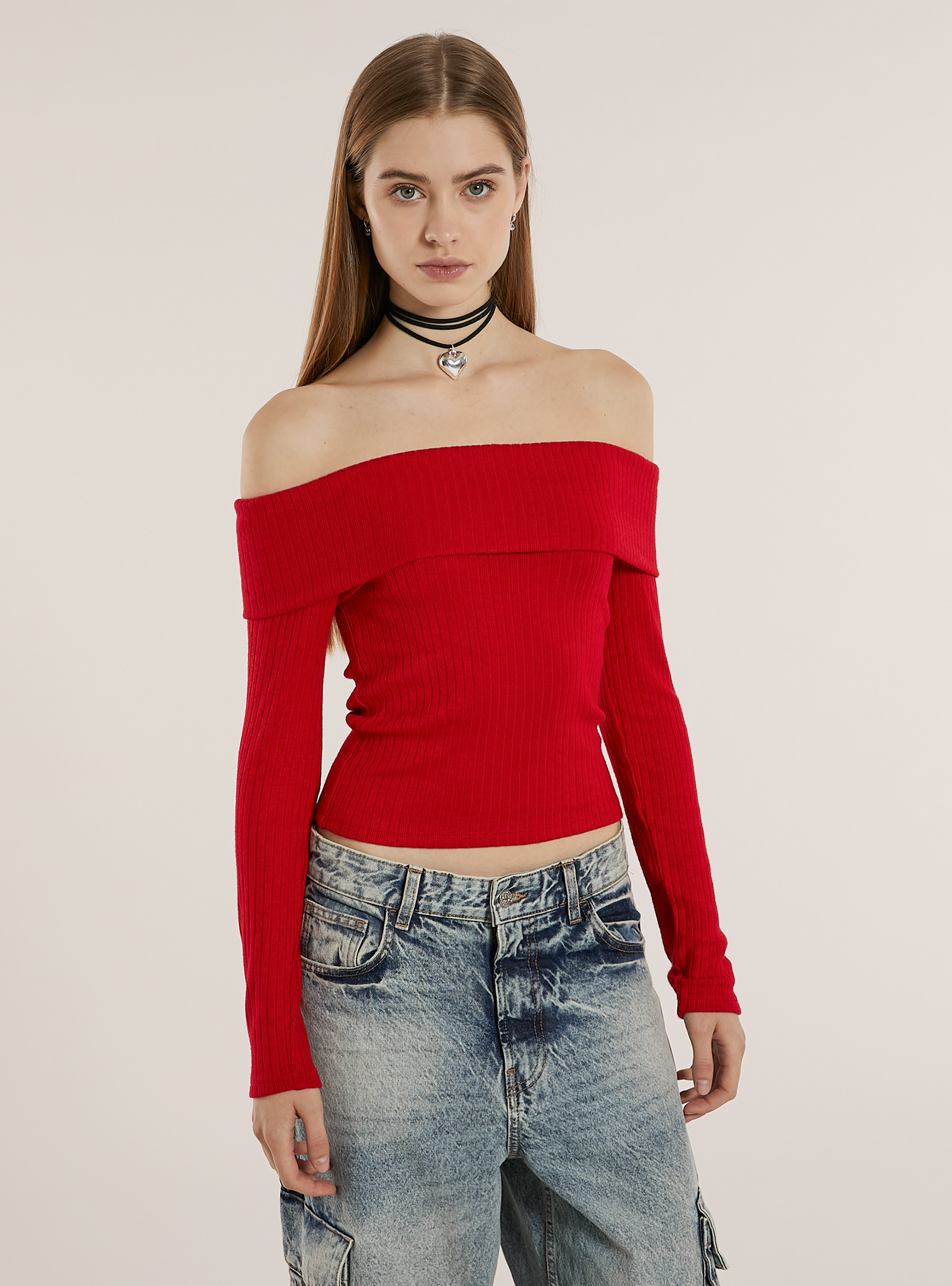 Pullover mit geripptem Bardot-Ausschnitt, RD2 RED MEDIUM