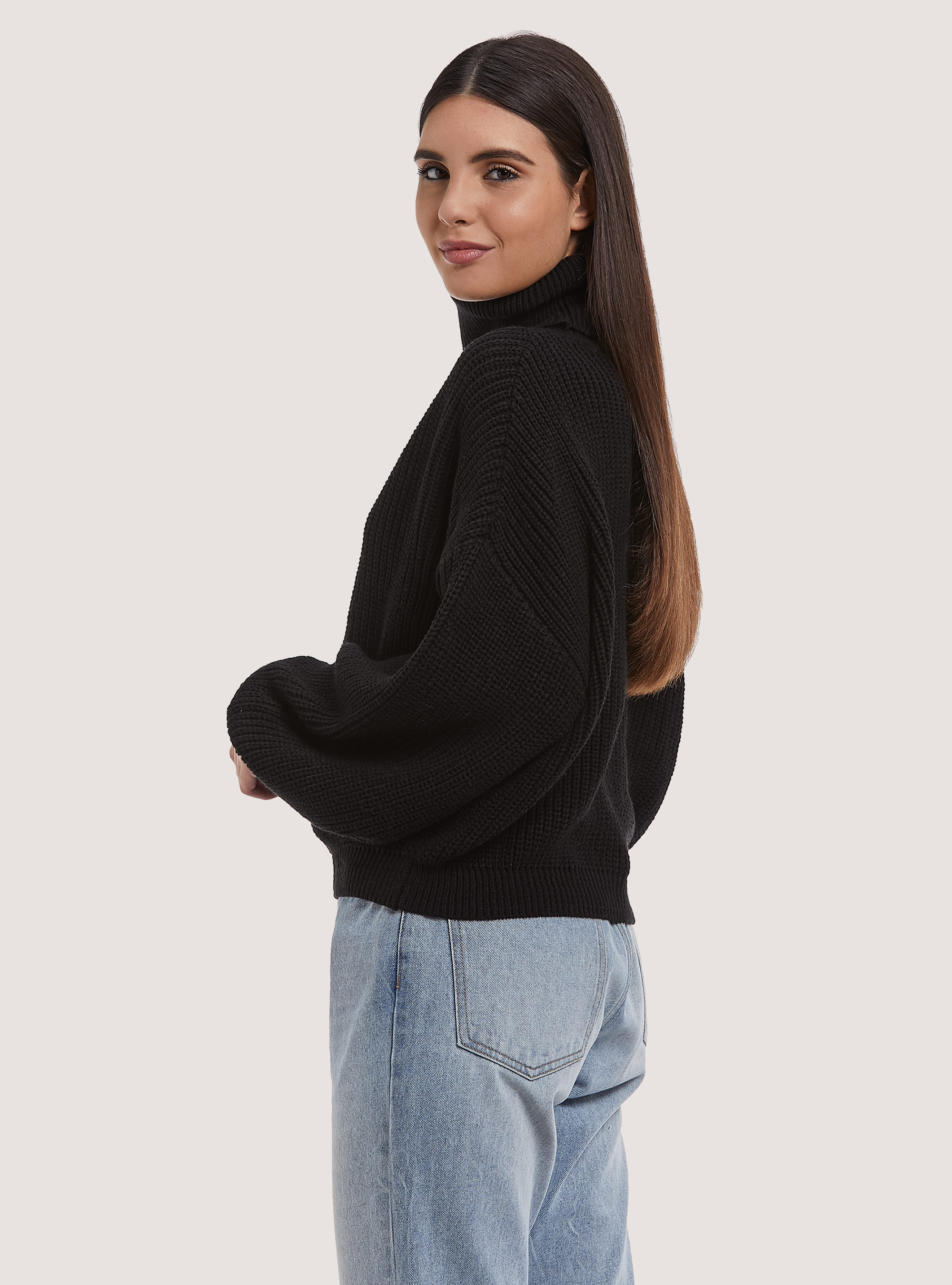 High-necked comfort fit English rib pullover, BLACK