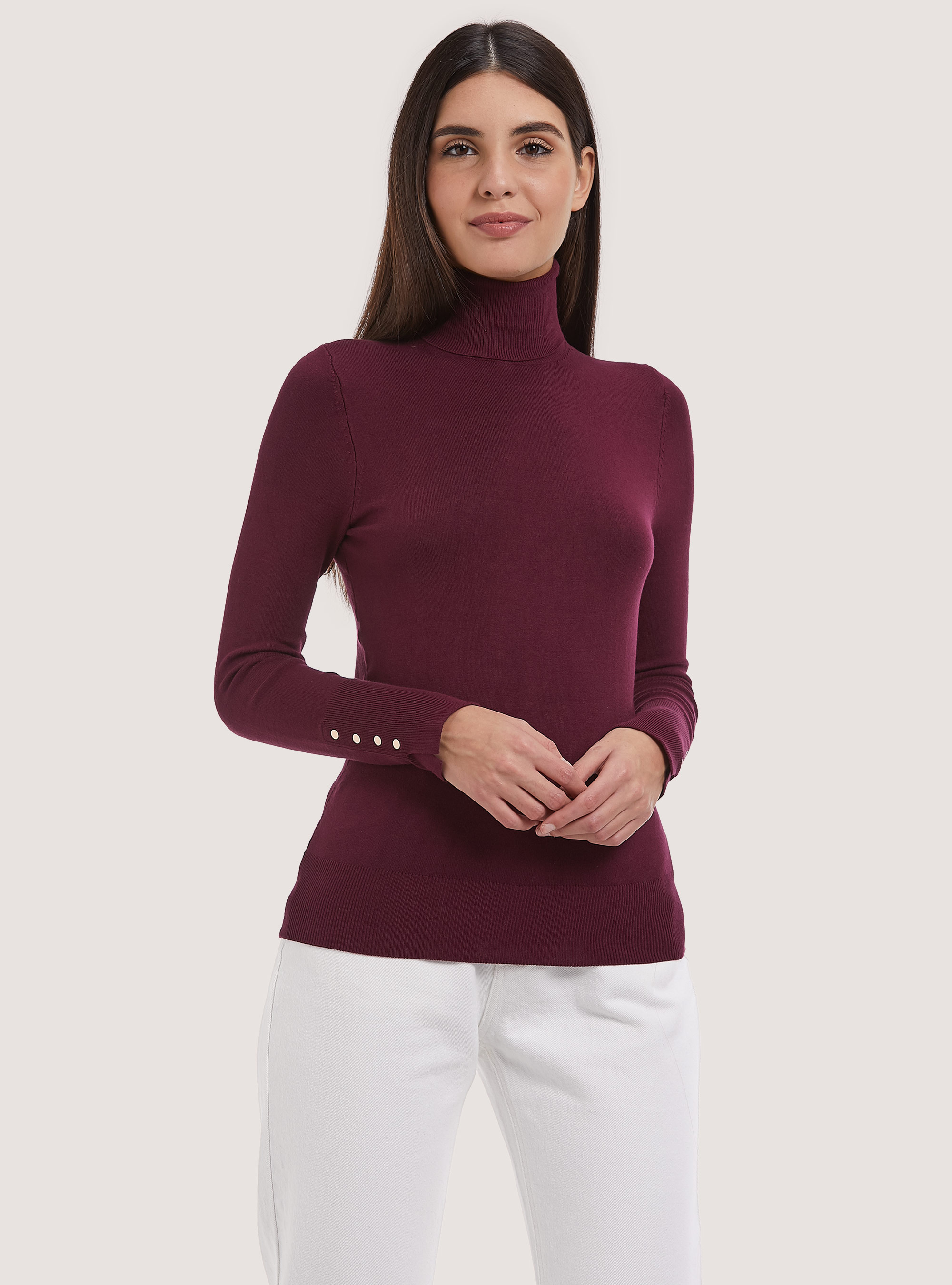 Pullover a collo alto con bottoni sulla manica, BO1 BORDEAUX DARK