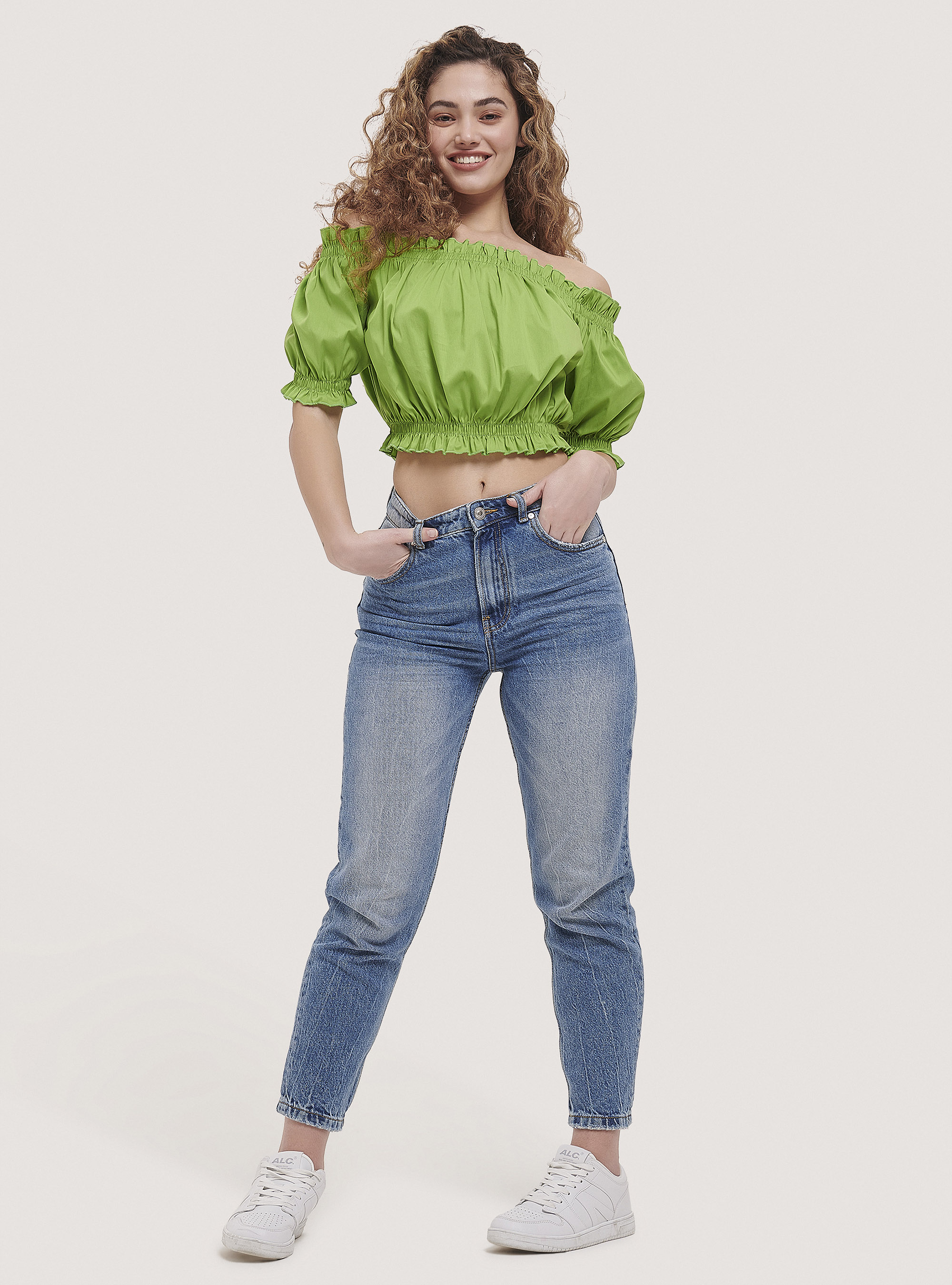 Cropped gathered blouse with bardot neckline, C7752 LIME