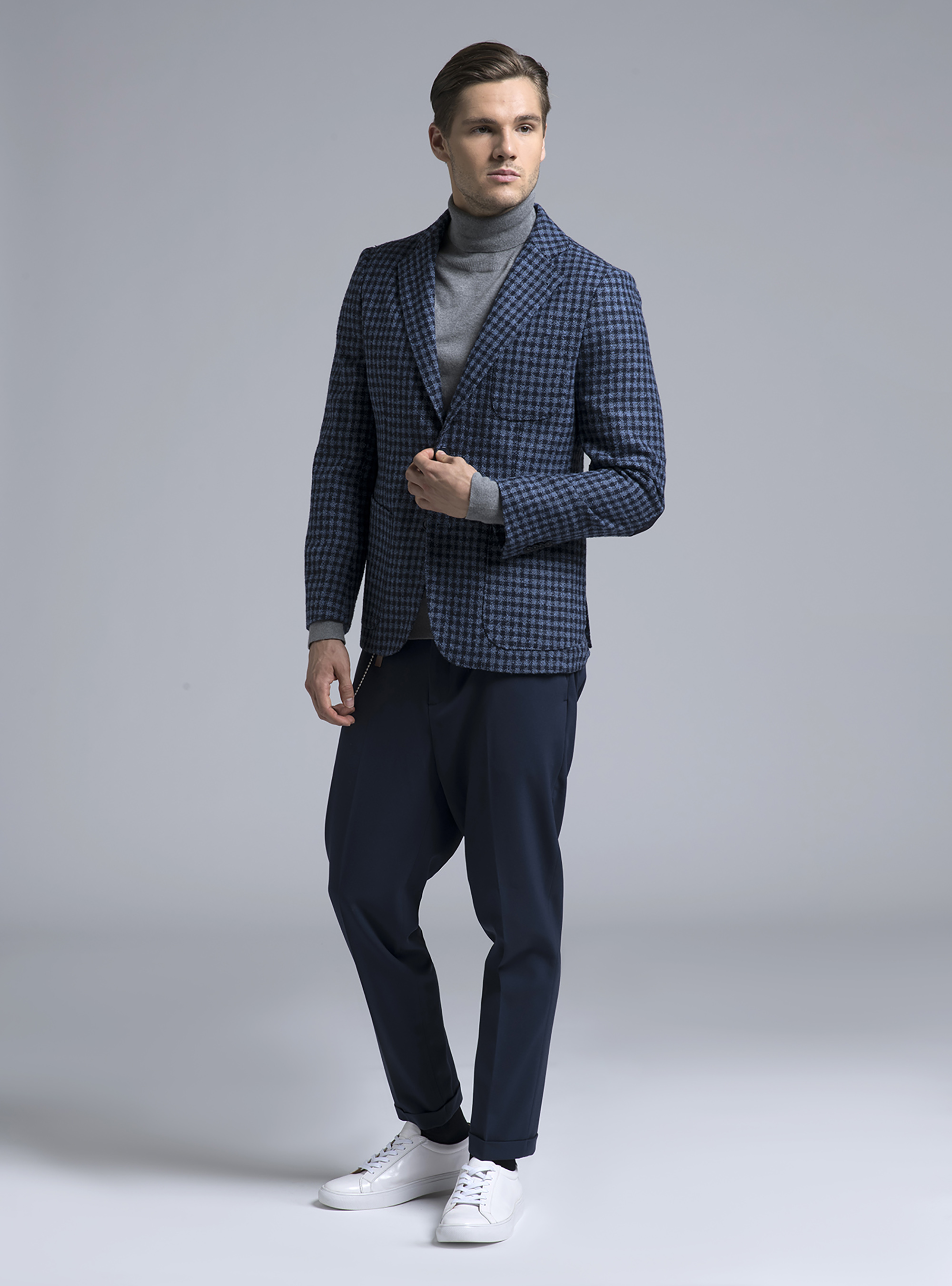 Giacca a quadri con toppe, BLUE NAVY