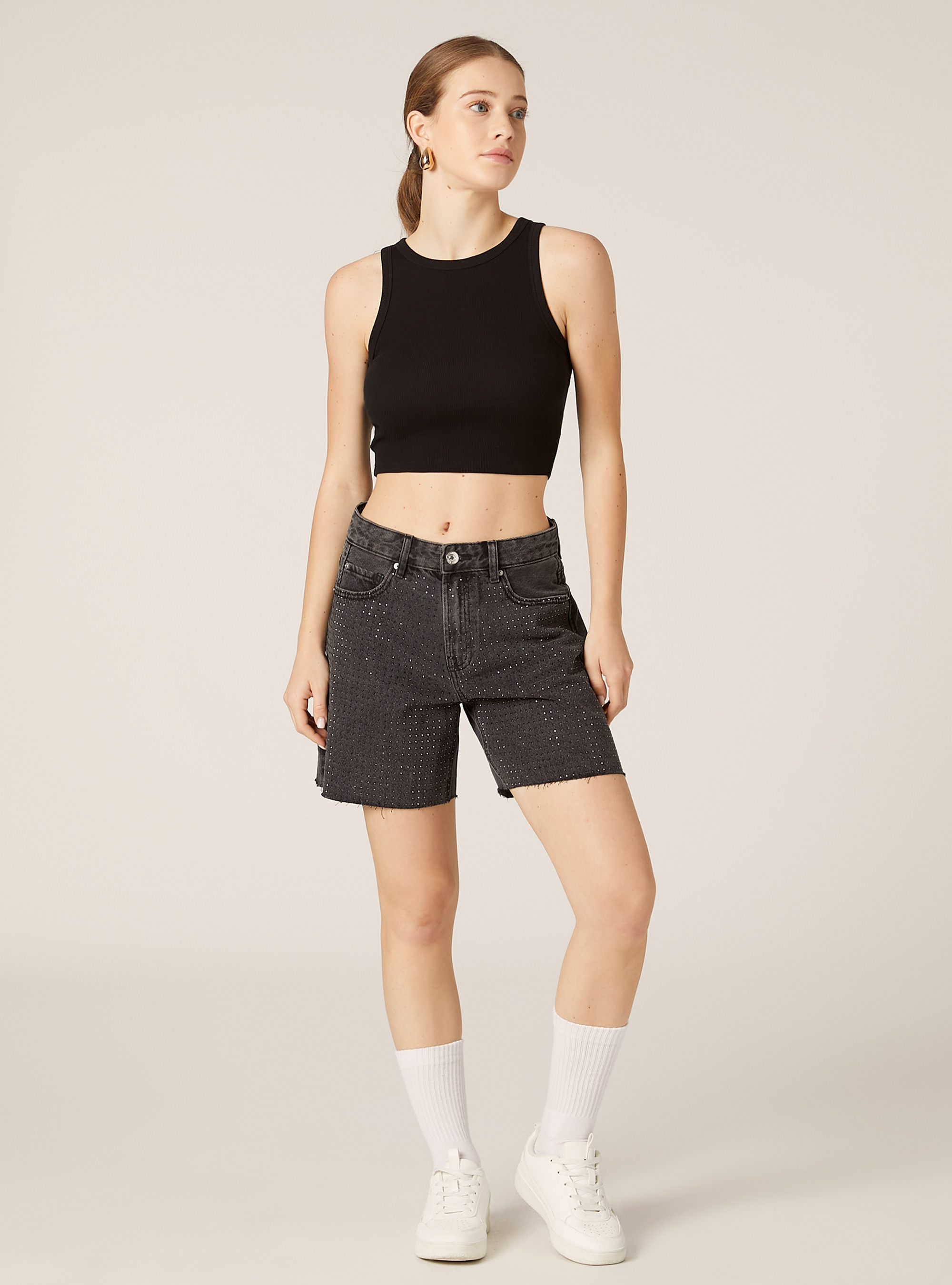 Longline denim shorts with rhinestones, D000 BLACK