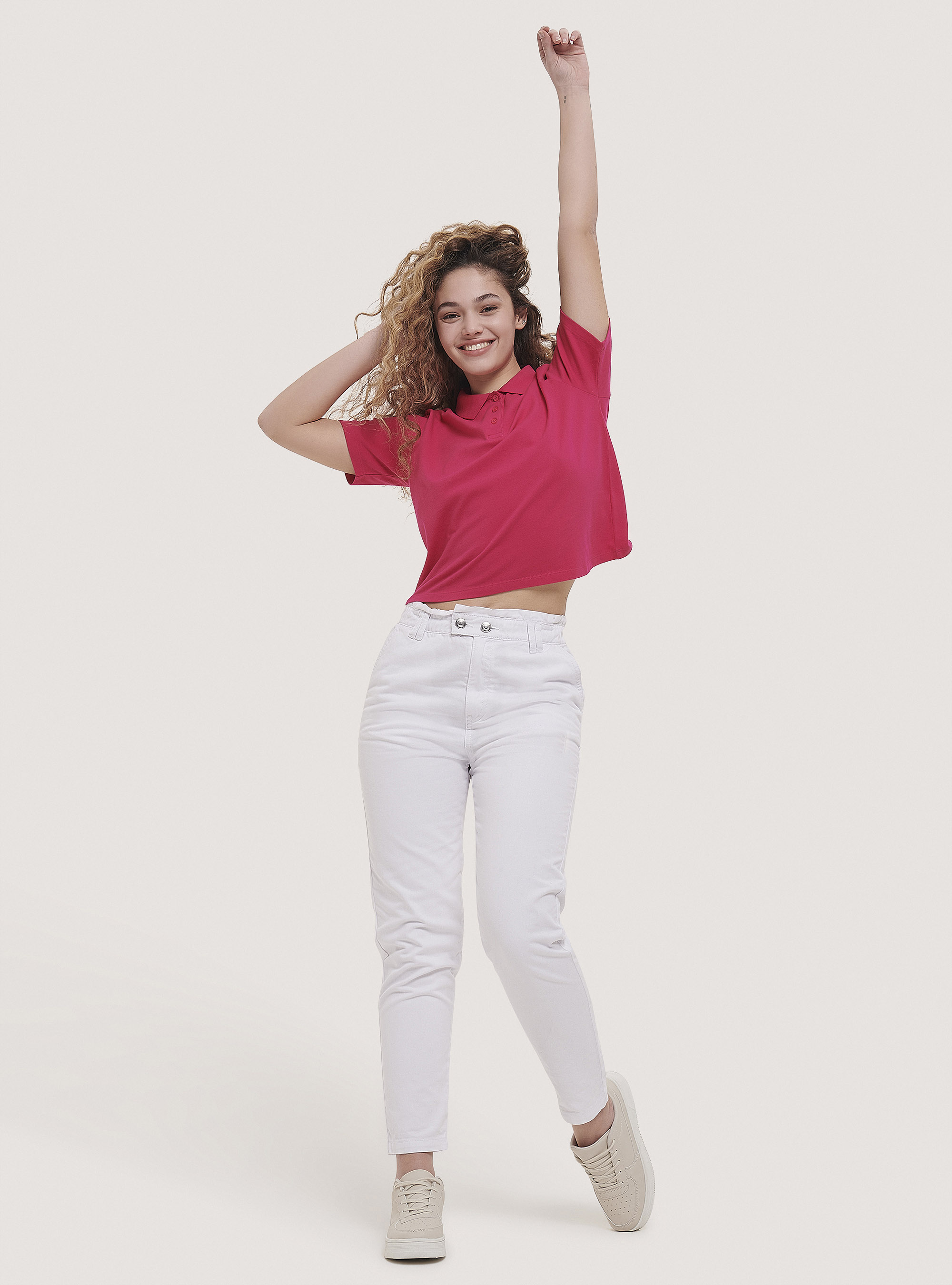 Solid colour crop fit polo shirt, FUXIA