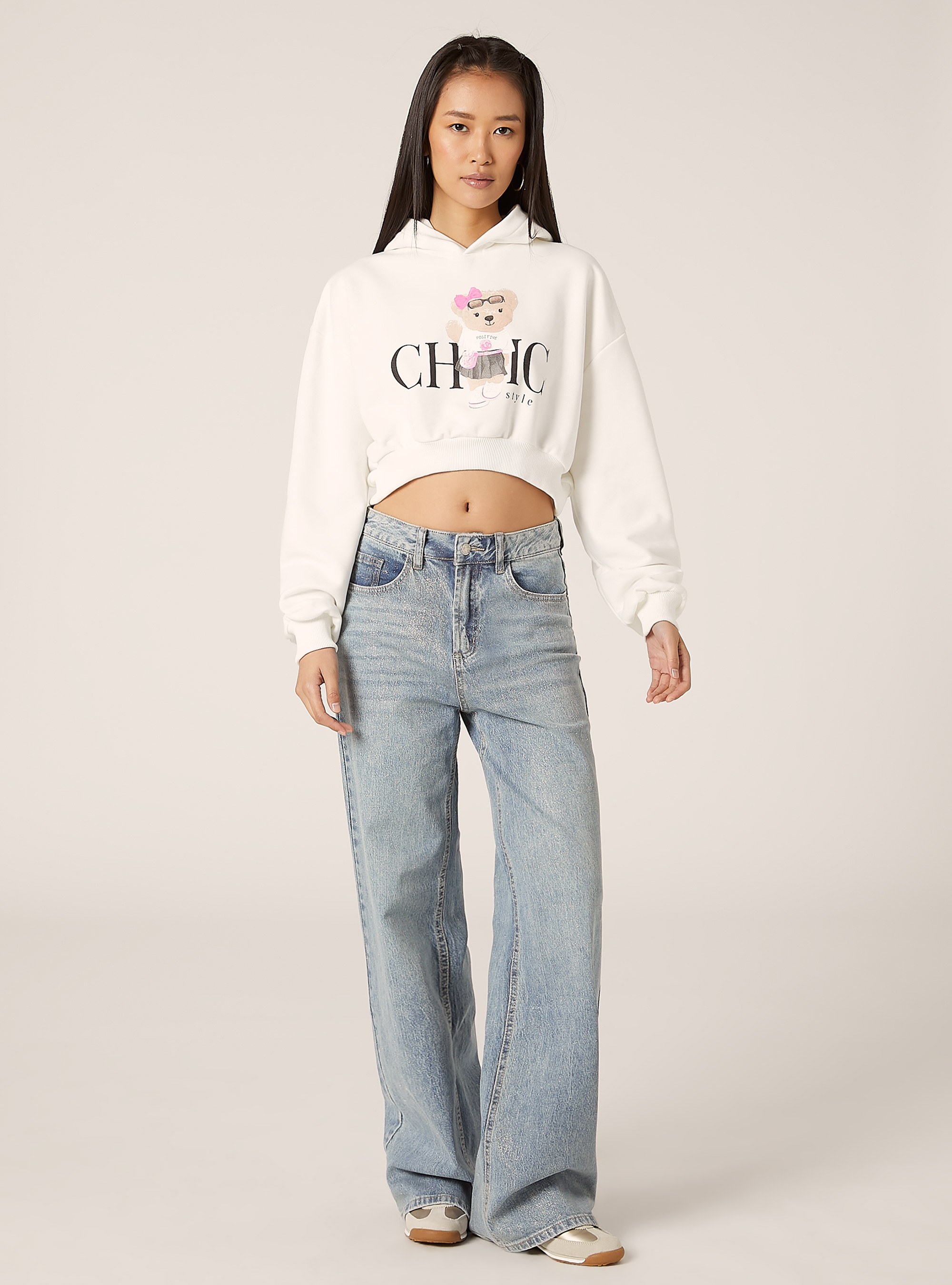 Sweatshirt court avec imprimé Teddy, WH2 WHITE