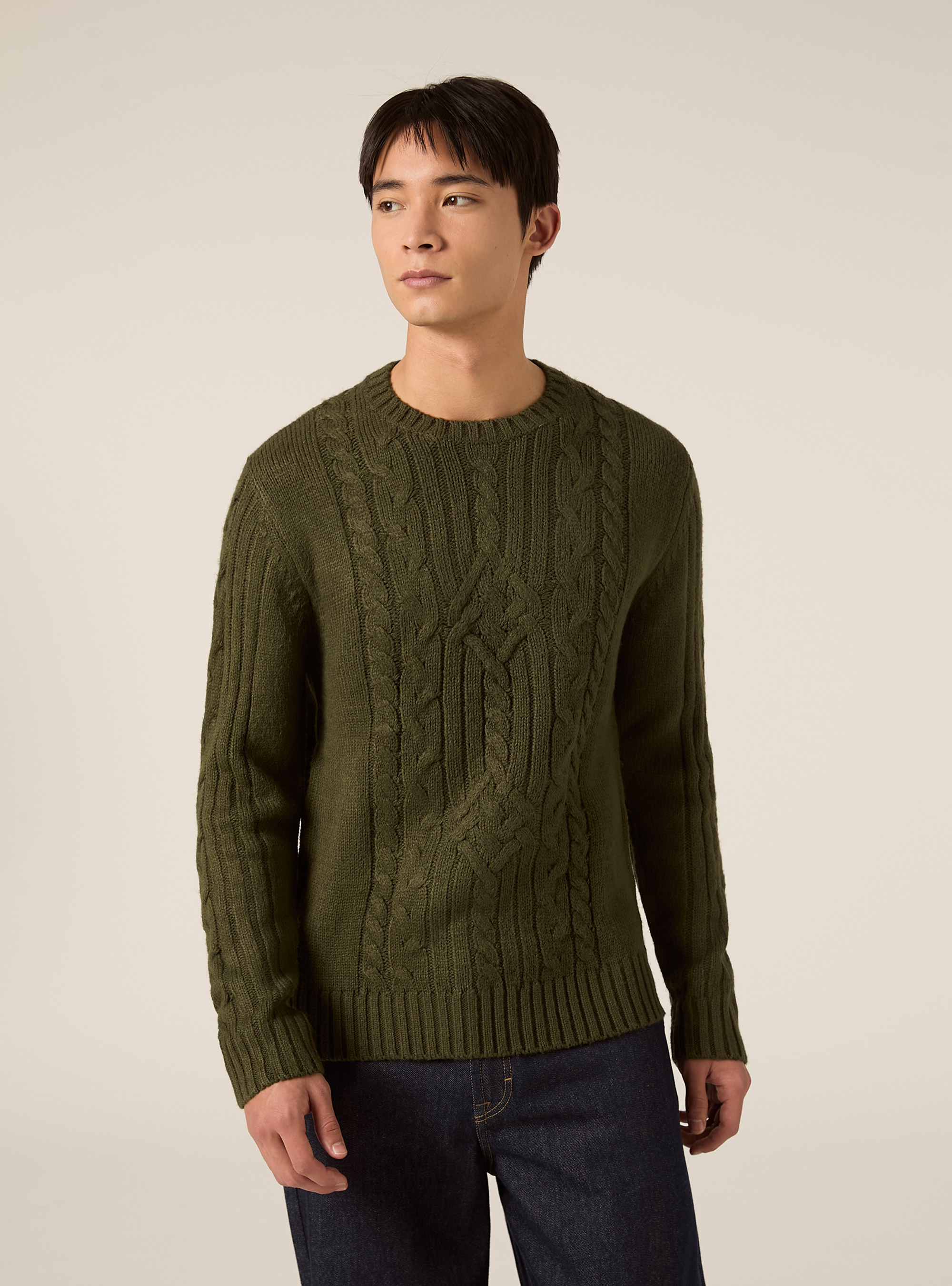 Crew neck jumper with cable knit, KY2 KAKY MEDIUM