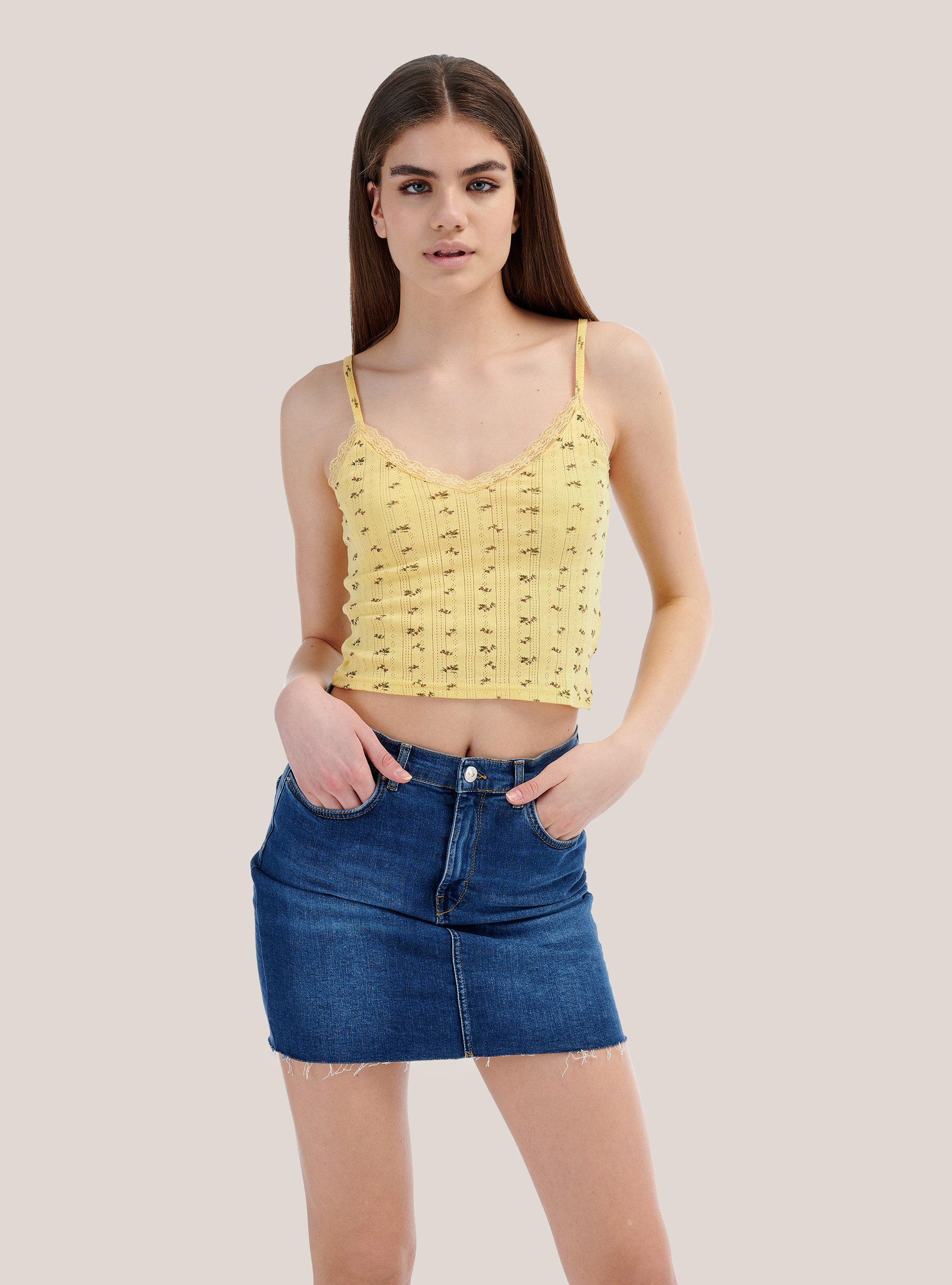 Cropped top a costina con stampa a fiori, C784 YELLOW