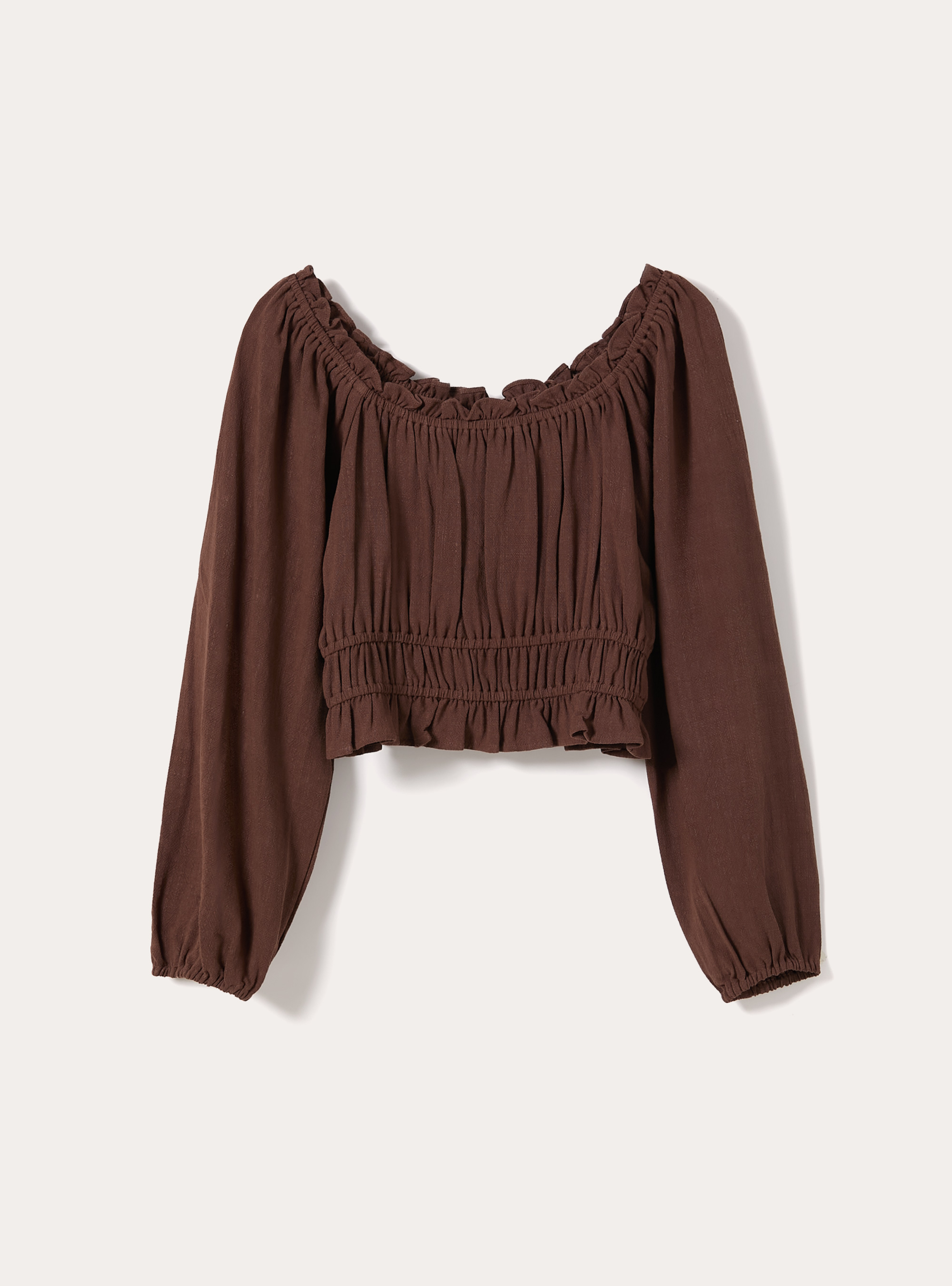 Blusa con spalle scoperte in misto lino, BR2 BROWN MEDIUM