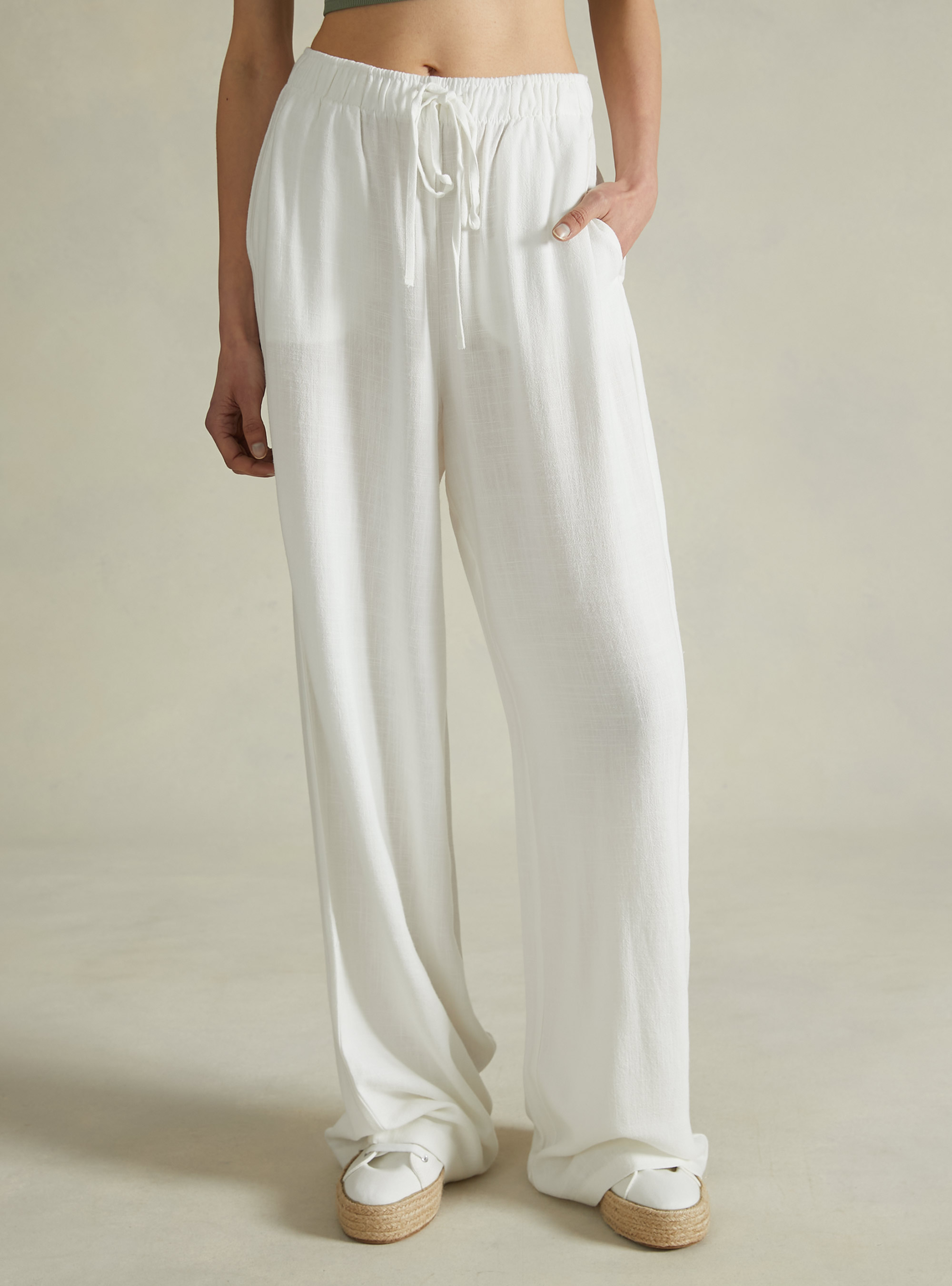Linen blend palazzo trousers, WH1 OFF WHITE