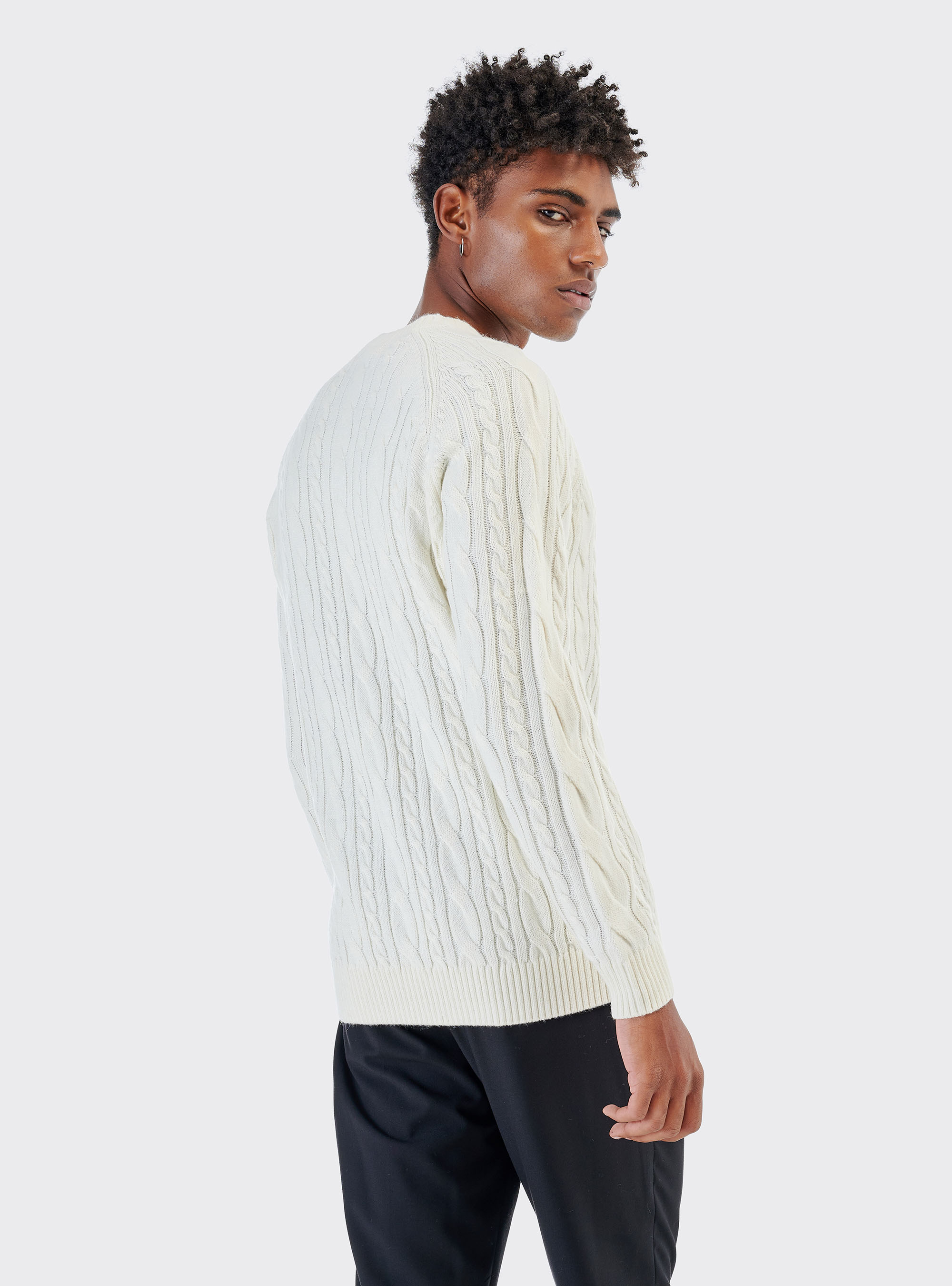 Pullover in misto lana con lavorazione a trecce, BIANCO SPORCO