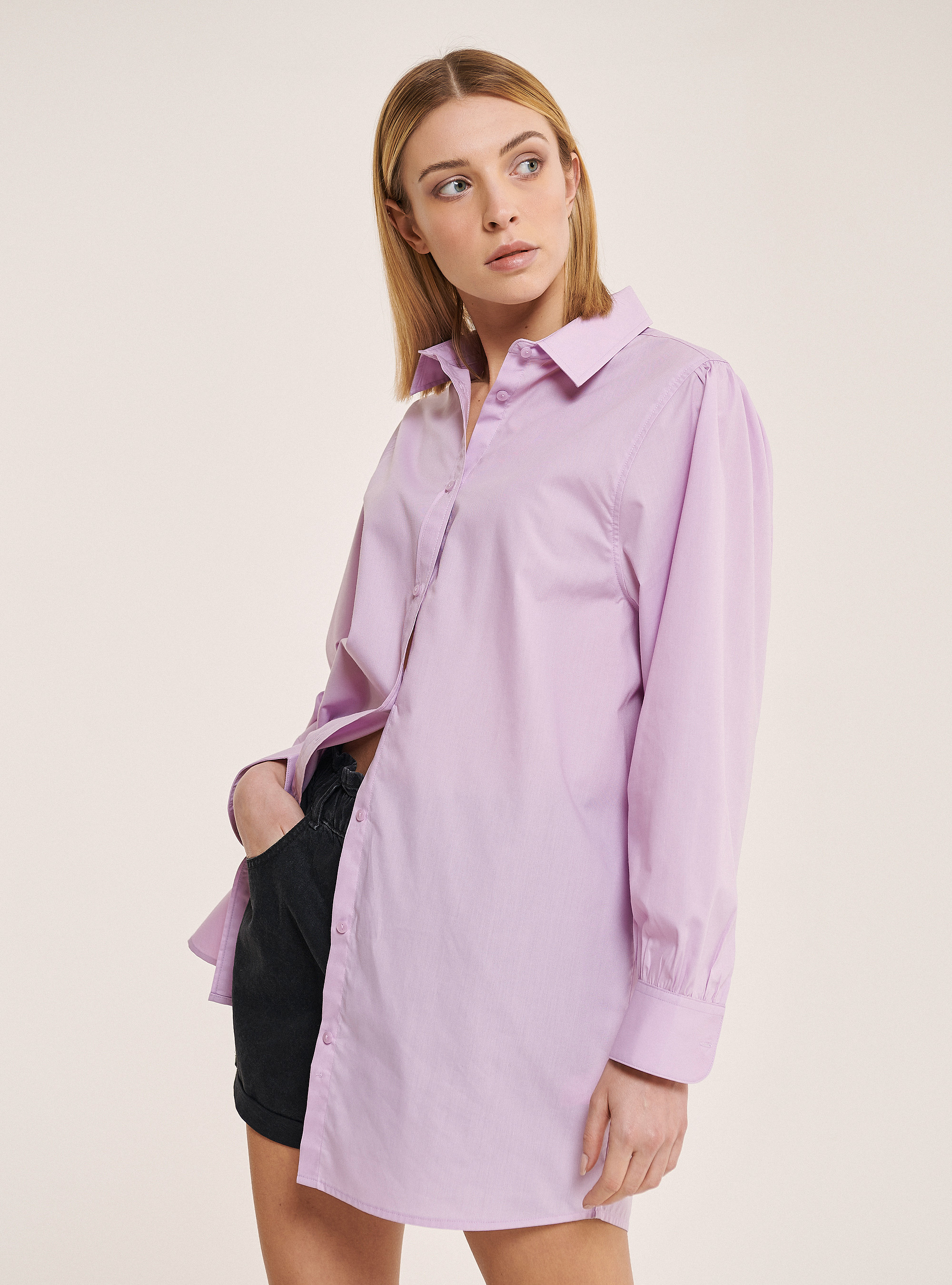 Long shirt in poplin fabric, C3303 LILLAC