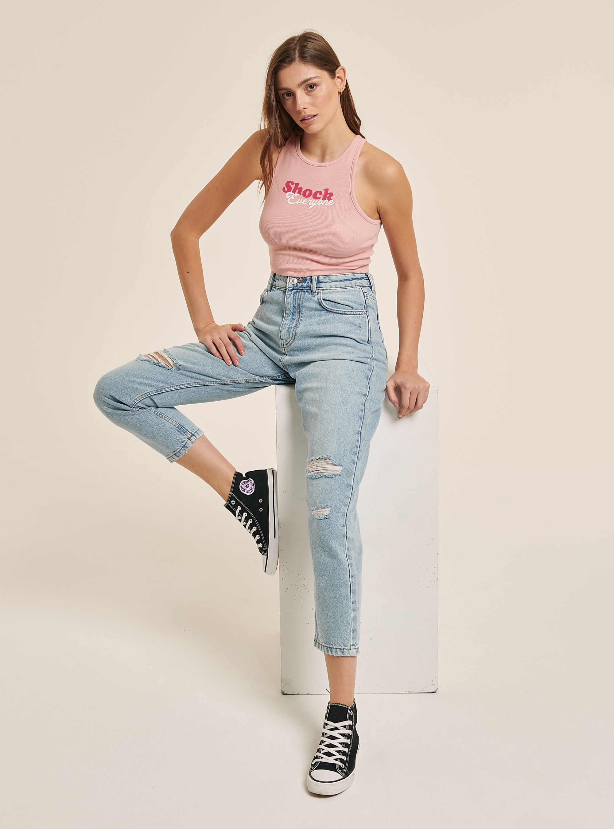 Cotton crop top with lettering print, PINK
